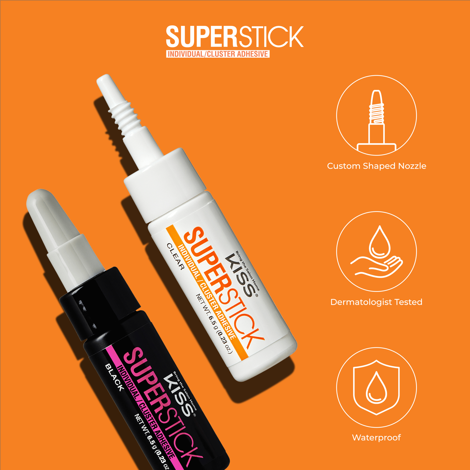 Superstick adhesive bottles with custom nozzle, dermatologist tested, waterproof features on orange background.