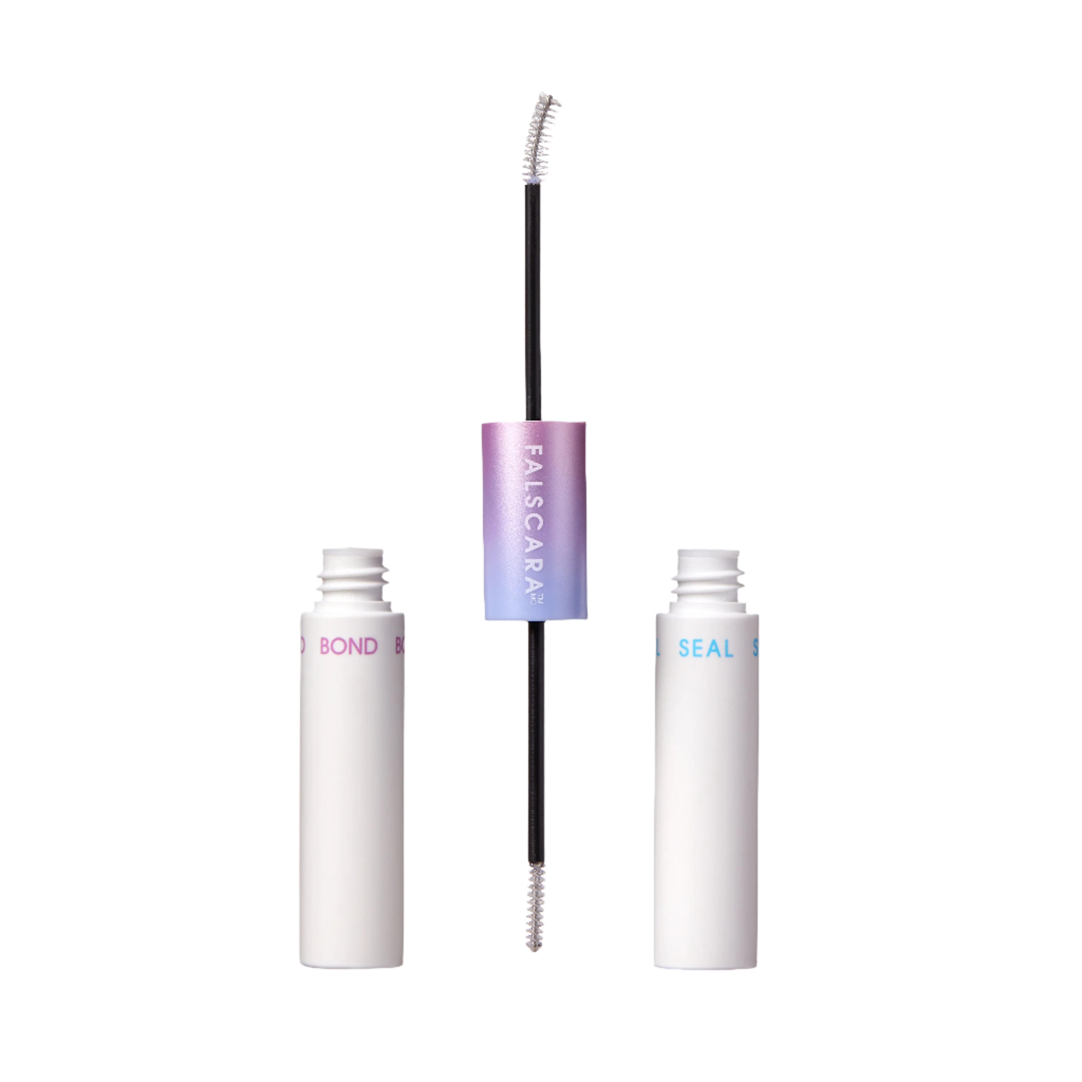 Two white cylindrical tubes labeled “BOND” in pink and “SEAL” in blue, with a dual-ended applicator brush in the center featuring a gradient pink to blue cap labeled “FALSCARA.”