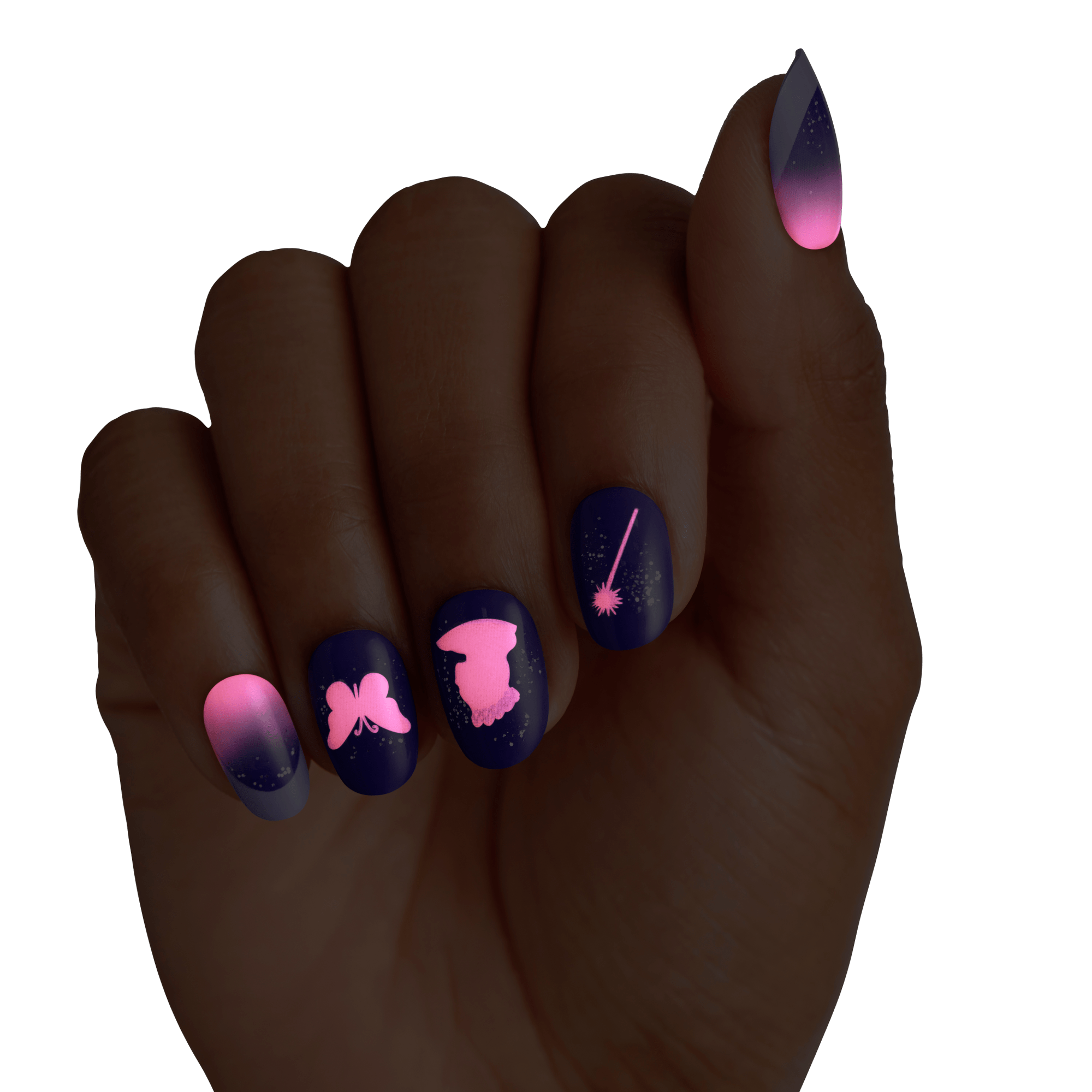Close-up of a hand with dark purple press-on nails featuring glowing pink designs: a butterfly, a witch silhouette, a magic wand, and gradient tips with sparkles.