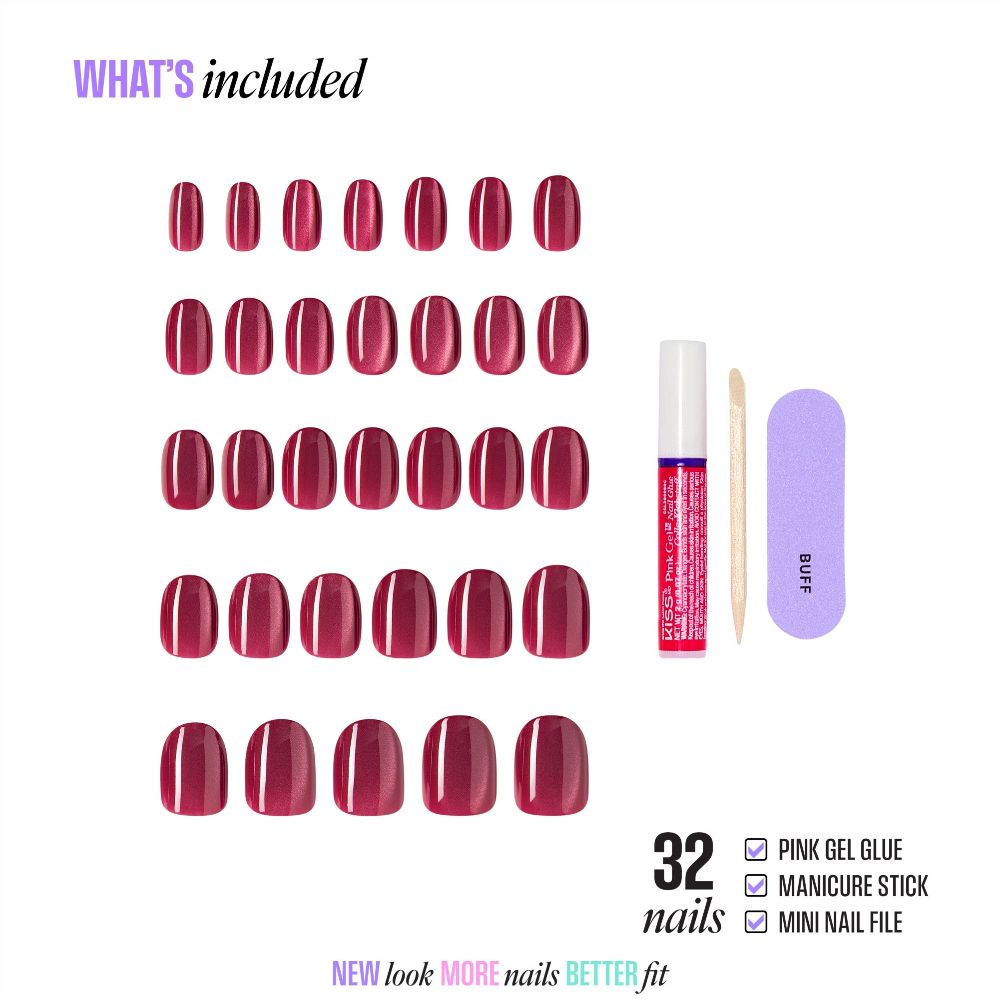 32 burgundy press-on nails with gel glue, manicure stick, and mini nail file included.