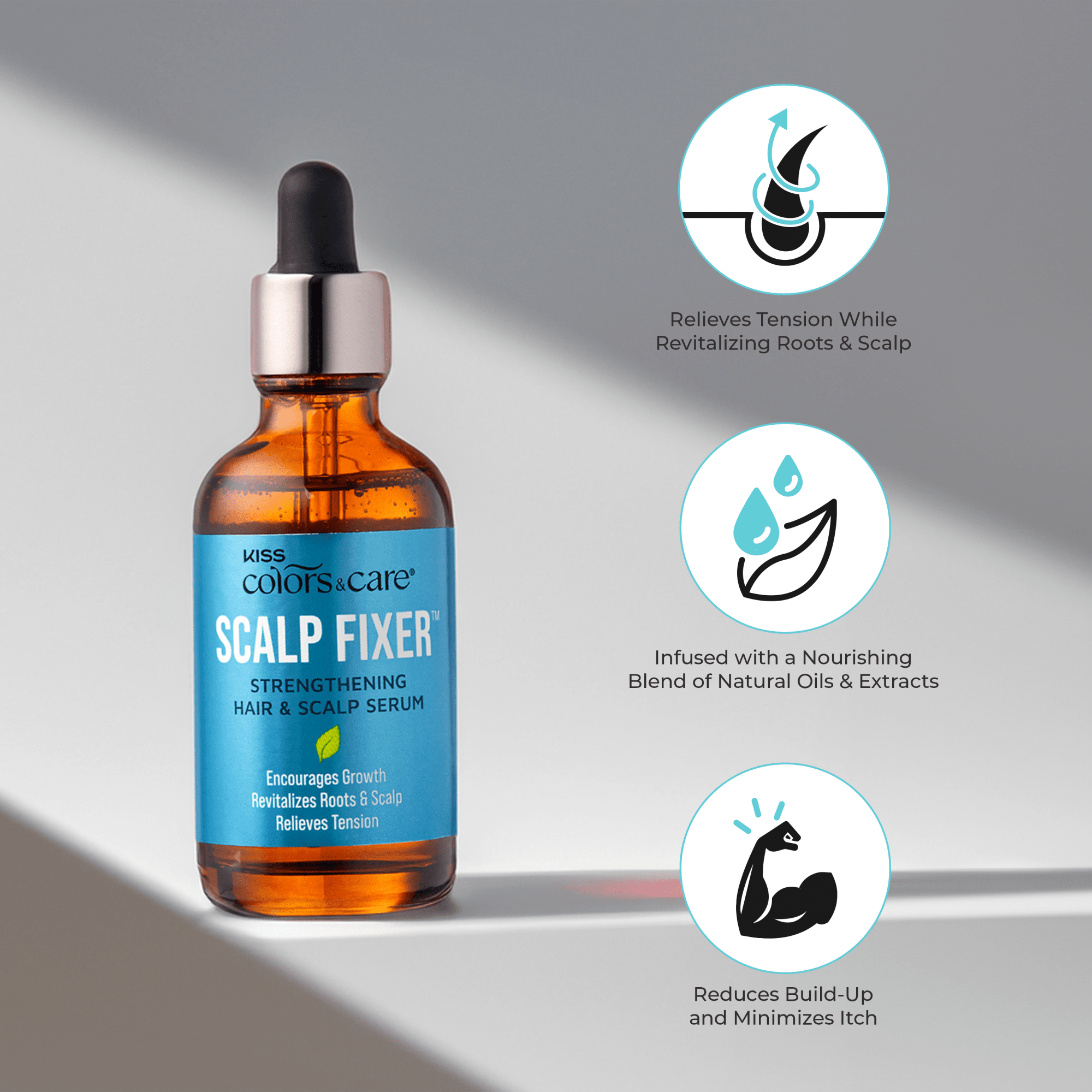 Amber glass dropper bottle with a blue label reading "Scalp Fixer Strengthening Hair & Scalp Serum" next to icons highlighting relief of tension, nourishing natural oils, and itch reduction.