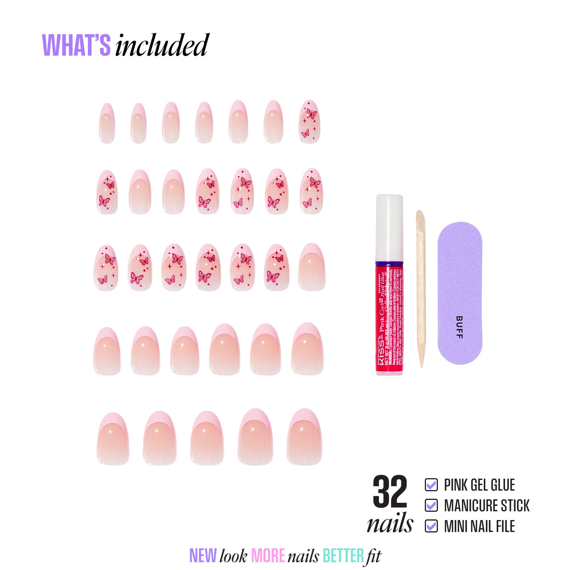 32 press-on nails with butterfly designs, pink gel glue, manicure stick, and mini nail file included.