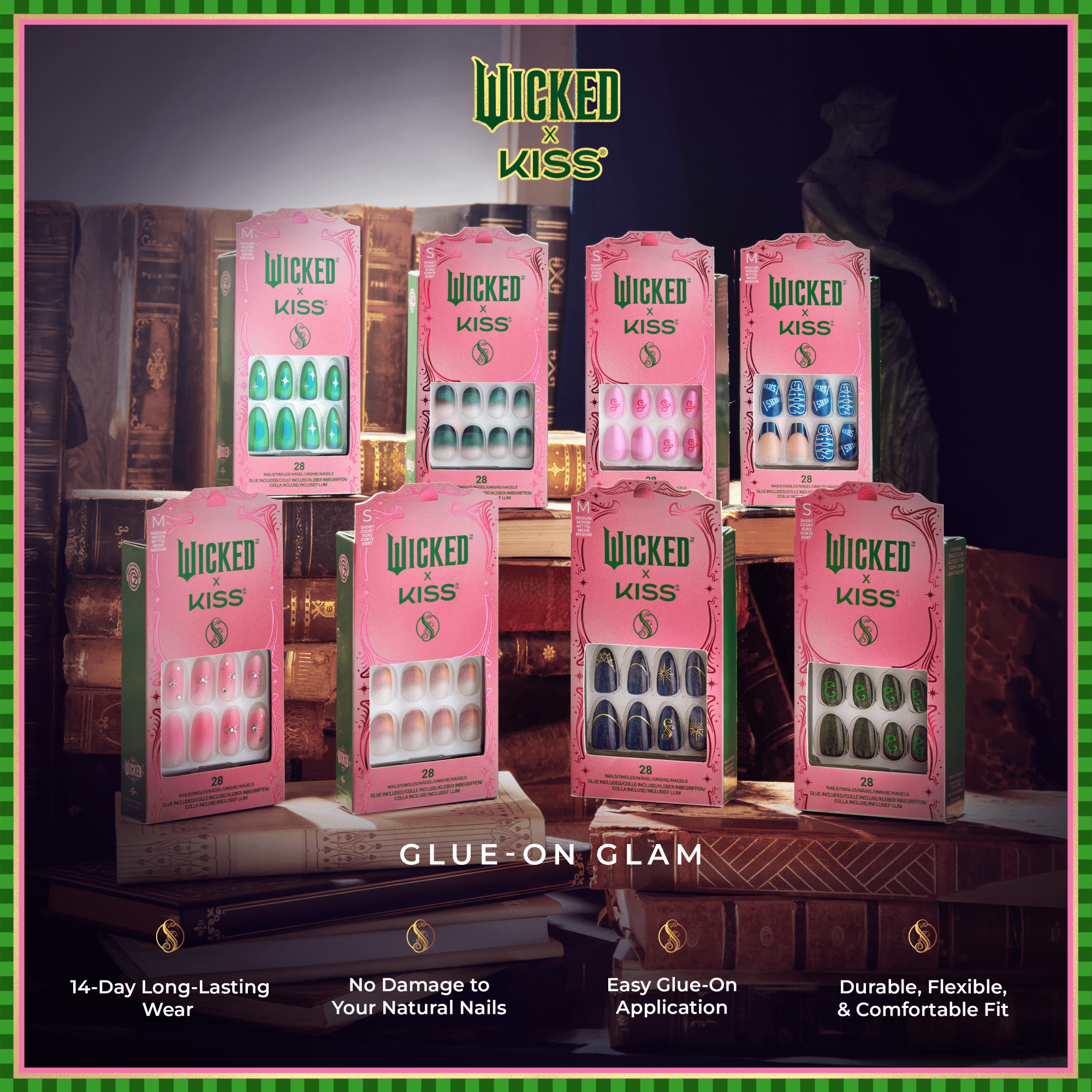 Eight pink-packaged Wicked x Kiss glue-on nail sets displayed on stacked vintage books, featuring various nail designs and the phrase \