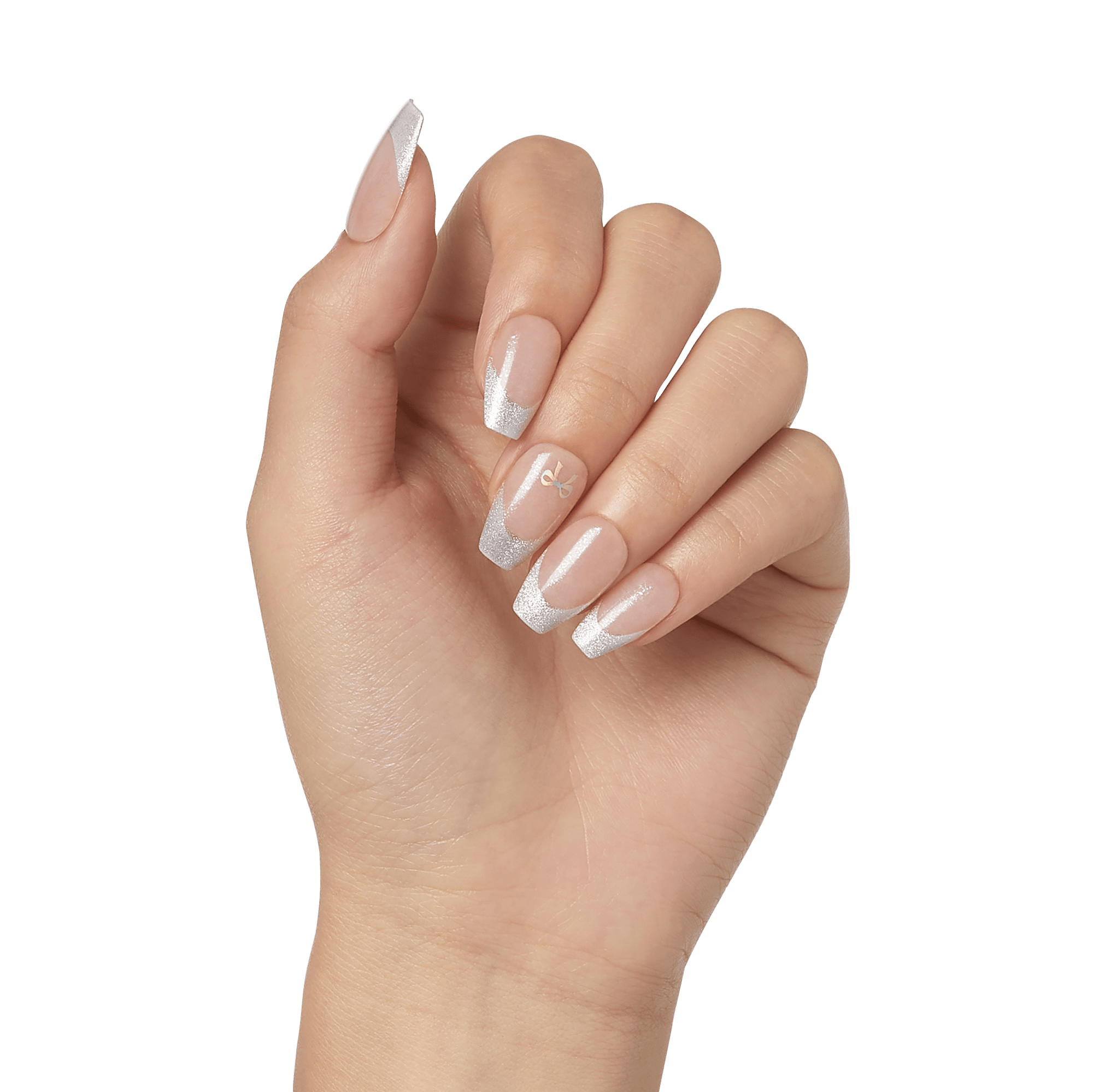 The image shows a close-up of a hand with manicured nails. The nails are long and have a square shape. They are painted with a light, translucent pink base color and feature white, glittery tips, resembling a French manicure style. One of the nails has a small, delicate gold design near the cuticle. The hand is positioned with the fingers slightly bent, displaying the nails prominently. The background is plain white, keeping the focus on the hand and the nails.