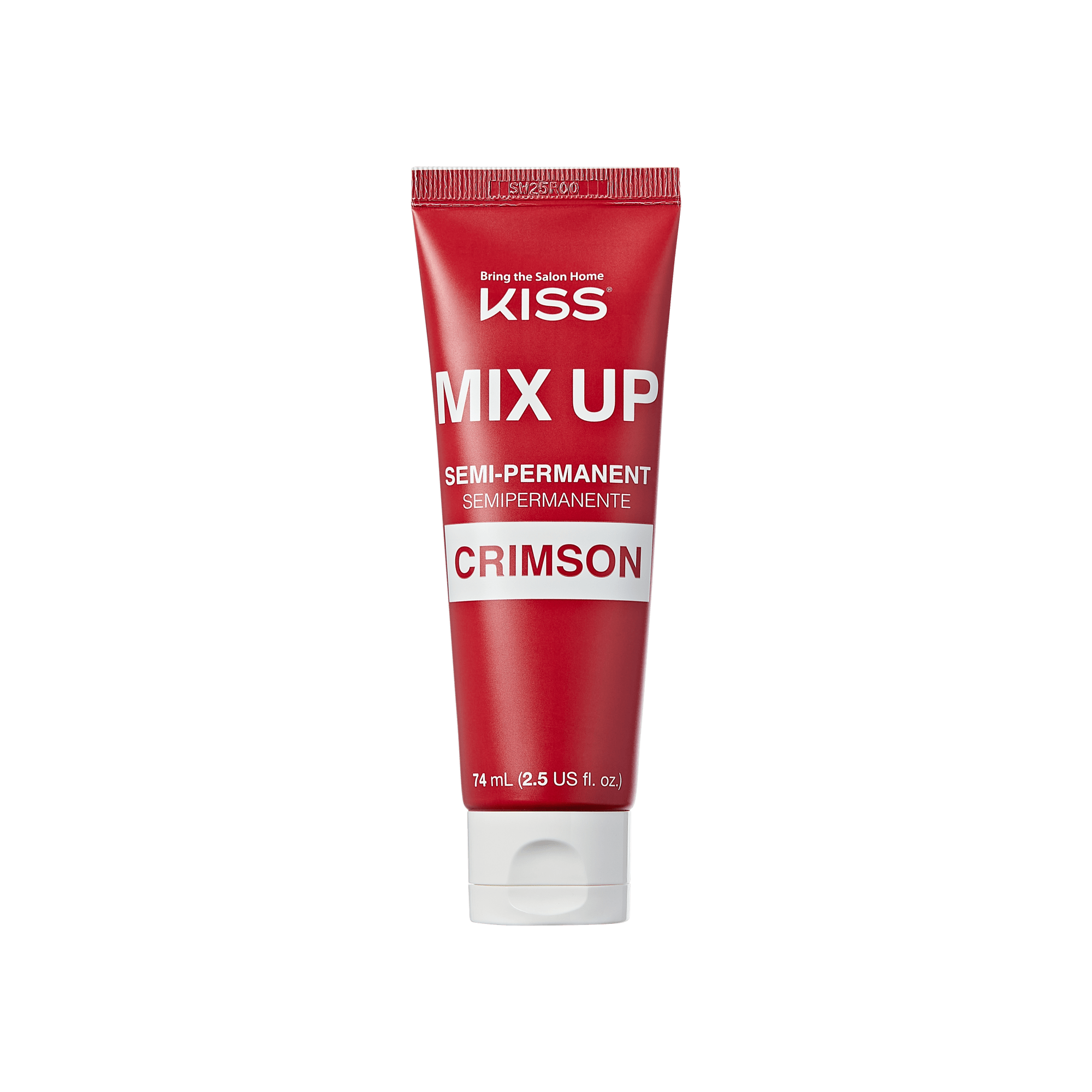 The image shows a red tube of hair dye from the brand "KISS." The product is named "MIX UP" and is labeled as a semi-permanent hair color. The specific shade is "CRIMSON." The tube contains 74 ml (2.5 US fl. oz) of product. The packaging features white text on a red background, with the brand&