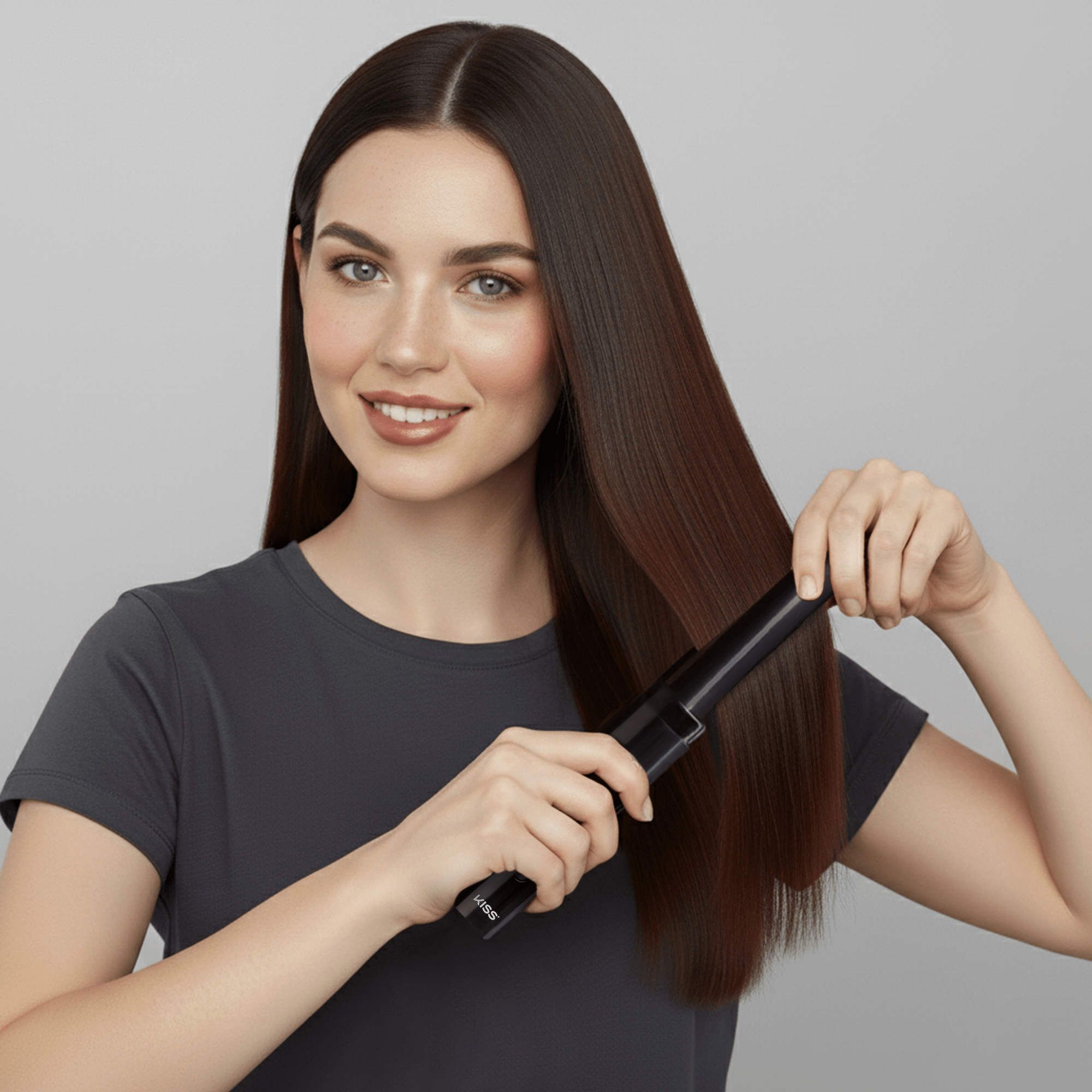 Young woman with long, straight dark brown hair uses a sleek black cordless flat iron labeled \