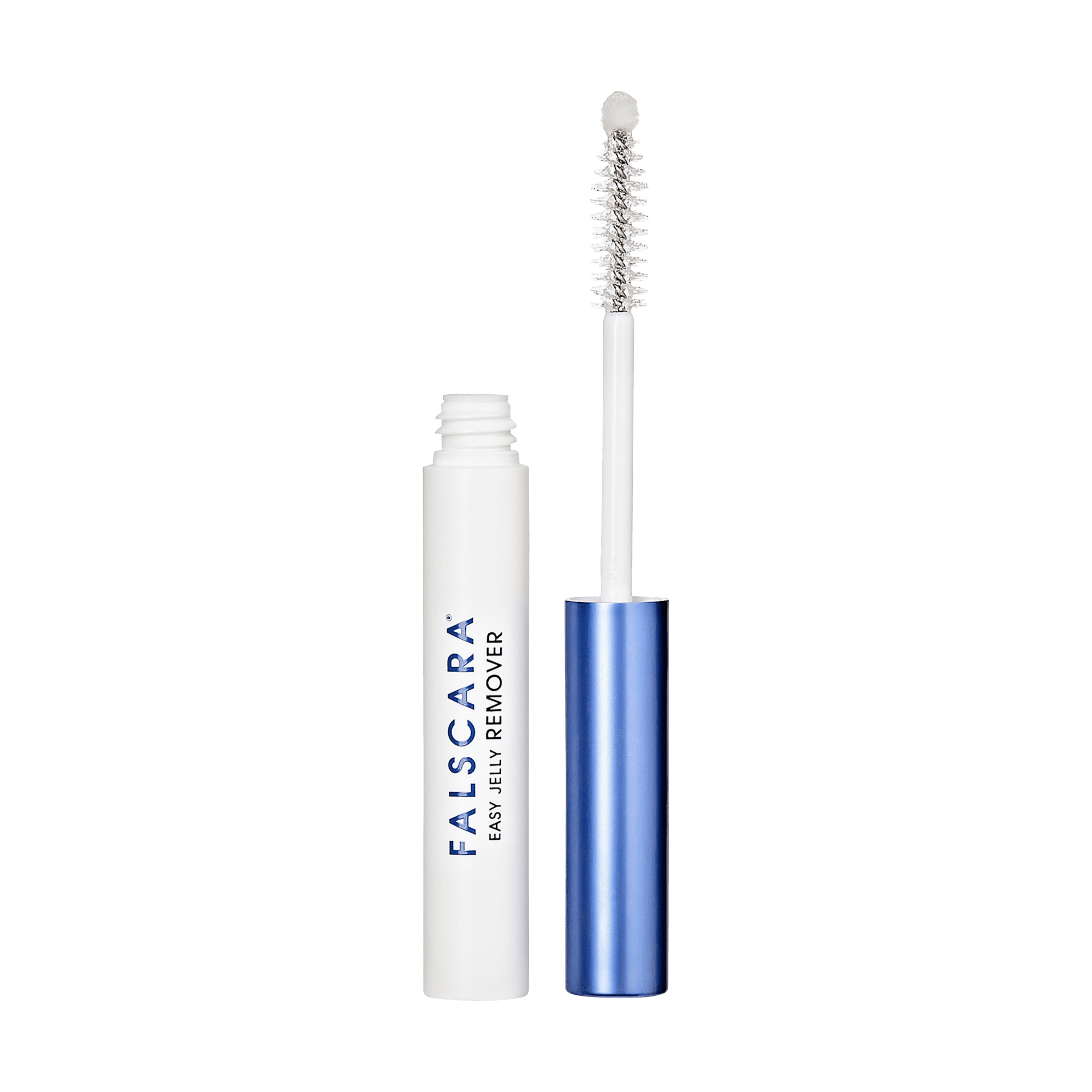 The image shows a cosmetic product called "Falscara Easy-Off Remover." The product consists of a cylindrical container with a white body and a metallic blue cap. The cap is removed and placed beside the container, revealing a brush applicator attached to the cap. The brush has white bristles and is designed for applying or removing the product. The text "Falscara Easy-Off Remover" is printed vertically on the white body of the container in blue letters.