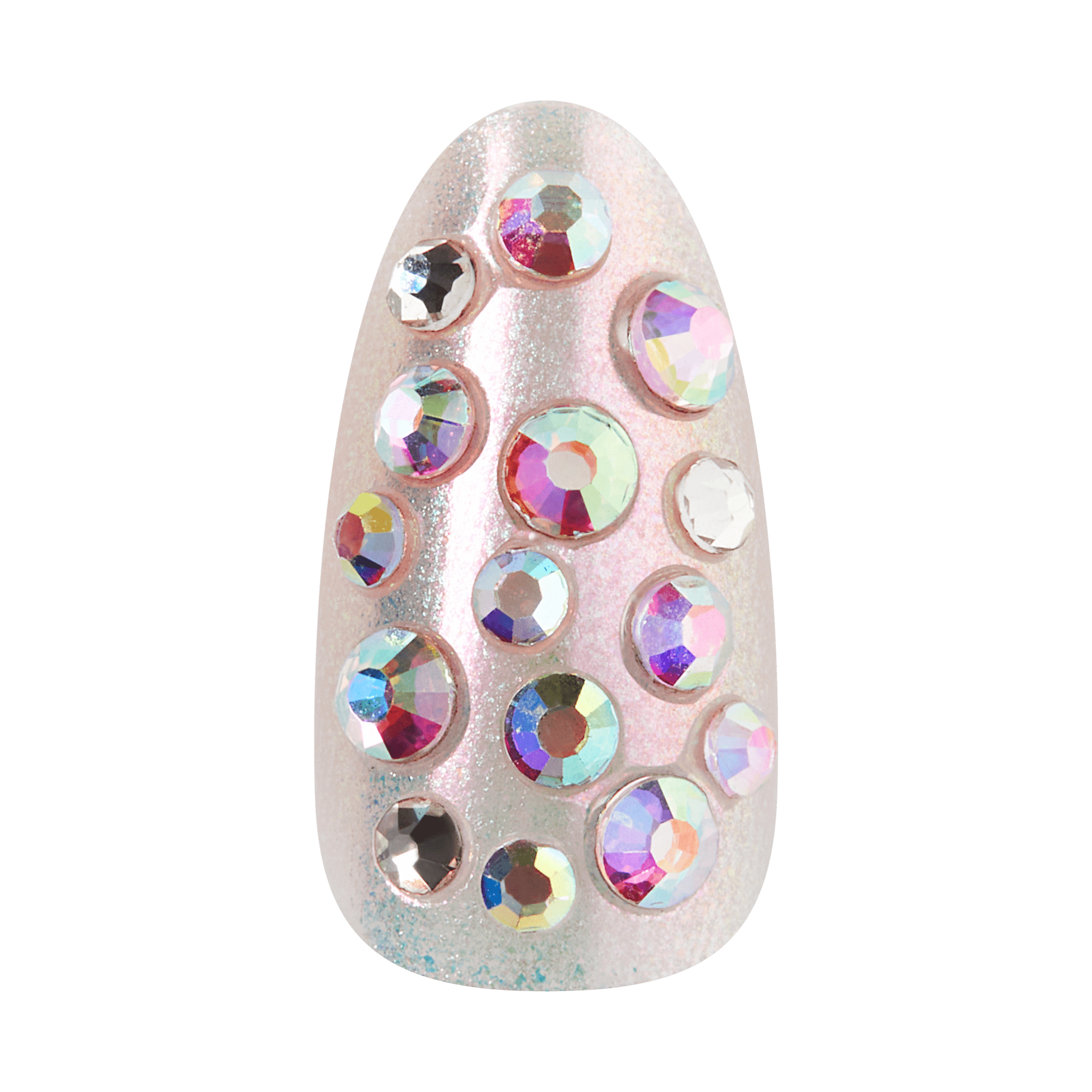 Pink glittery nail with multicolor iridescent rhinestone embellishments arranged in rows.