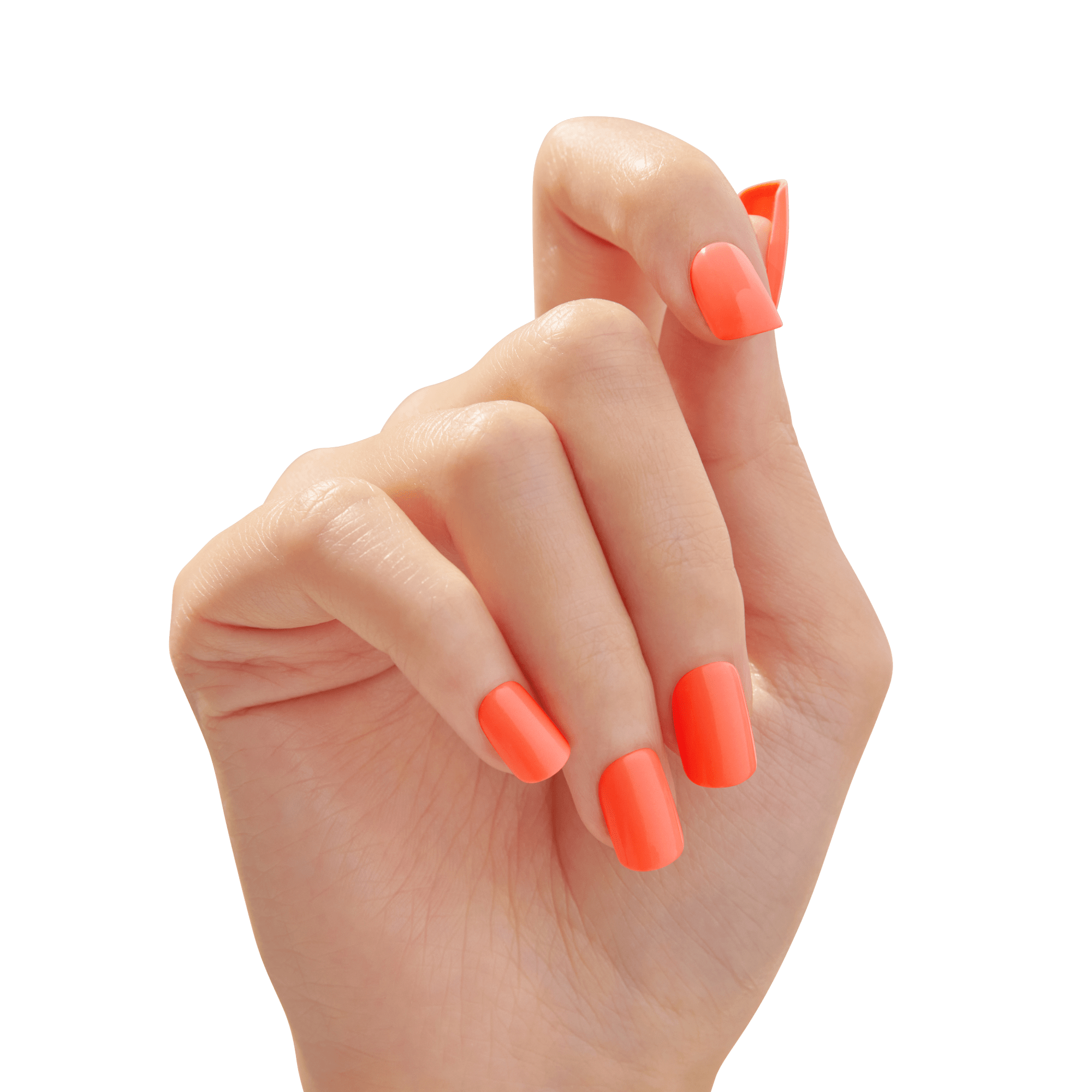 The image shows a close-up of a hand with neatly manicured nails. The nails are painted in a bright, vibrant orange color. The hand is positioned with the fingers slightly bent, and the background is a soft, neutral tone, which helps to highlight the vivid color of the nail polish. The overall appearance is clean and well-groomed.