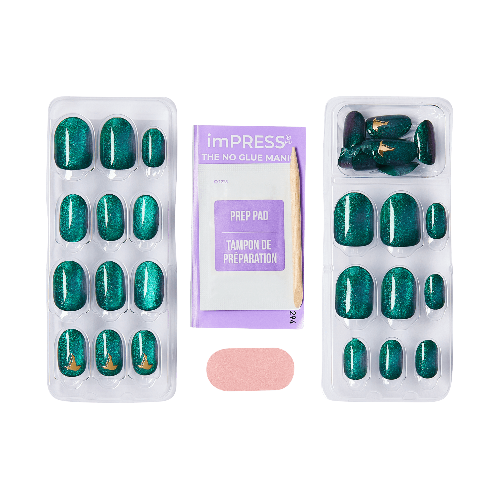 imPRESS No Glue Mani press-on nails in emerald green with gold accents and prep pad