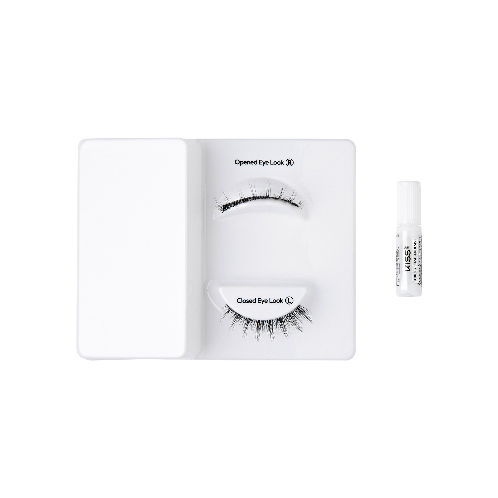 The image features a display of false eyelashes arranged on a white tray. On the left side, there are two sets of lashes labeled "Opened Eye Look" and "Closed Eye Look," showcasing different styles. Next to the tray, there is a small tube of adhesive, likely used for applying the lashes. The overall presentation is clean and organized, emphasizing the beauty products.