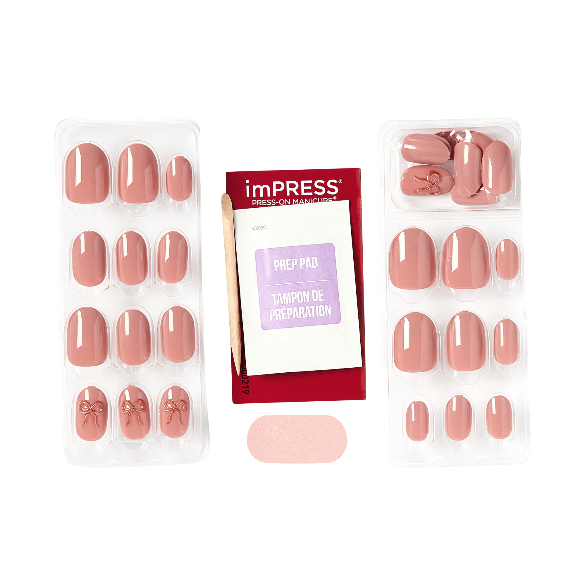 imPRESS Press-On Manicure nail kit with prep pad and bow-detailed nails in nude pink.