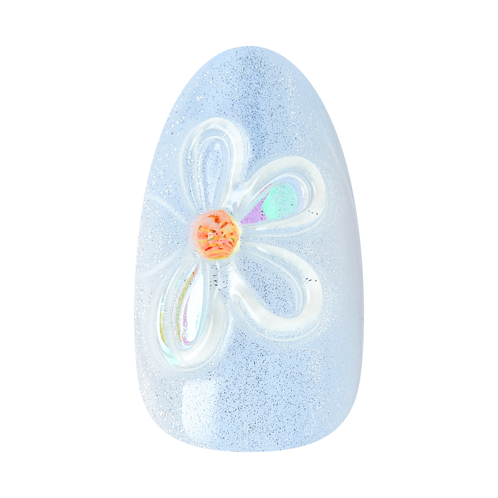Blue sparkly egg with white flower design and orange center on white background.