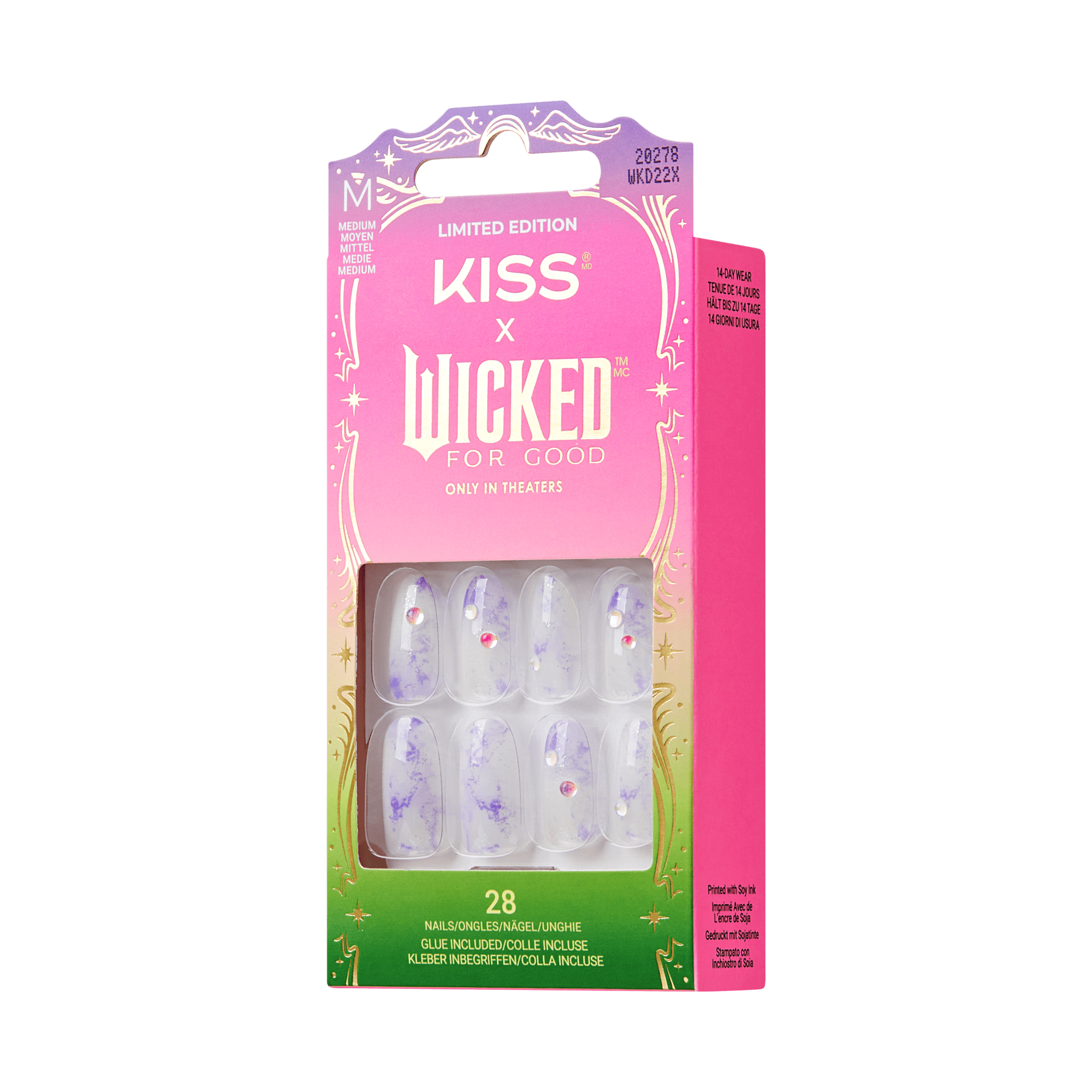 Packaging for KISS x Wicked For Good limited edition press-on nails with a pink-to-green gradient box, showing 28 medium-sized translucent nails with purple marbling and small rhinestones. Text highlights 14-day wear and includes glue.