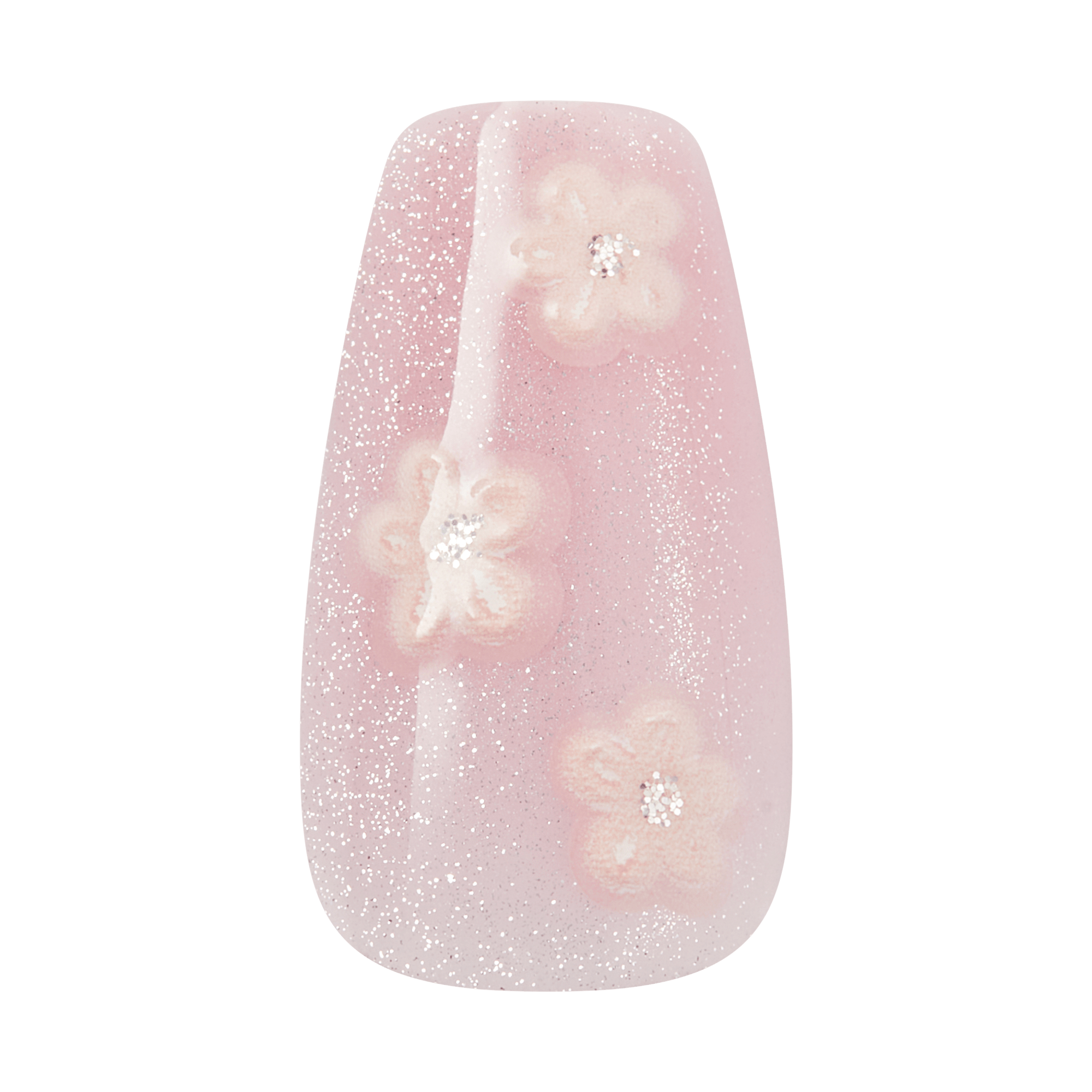 Pink glitter press-on nails with white floral designs and rhinestone accents.