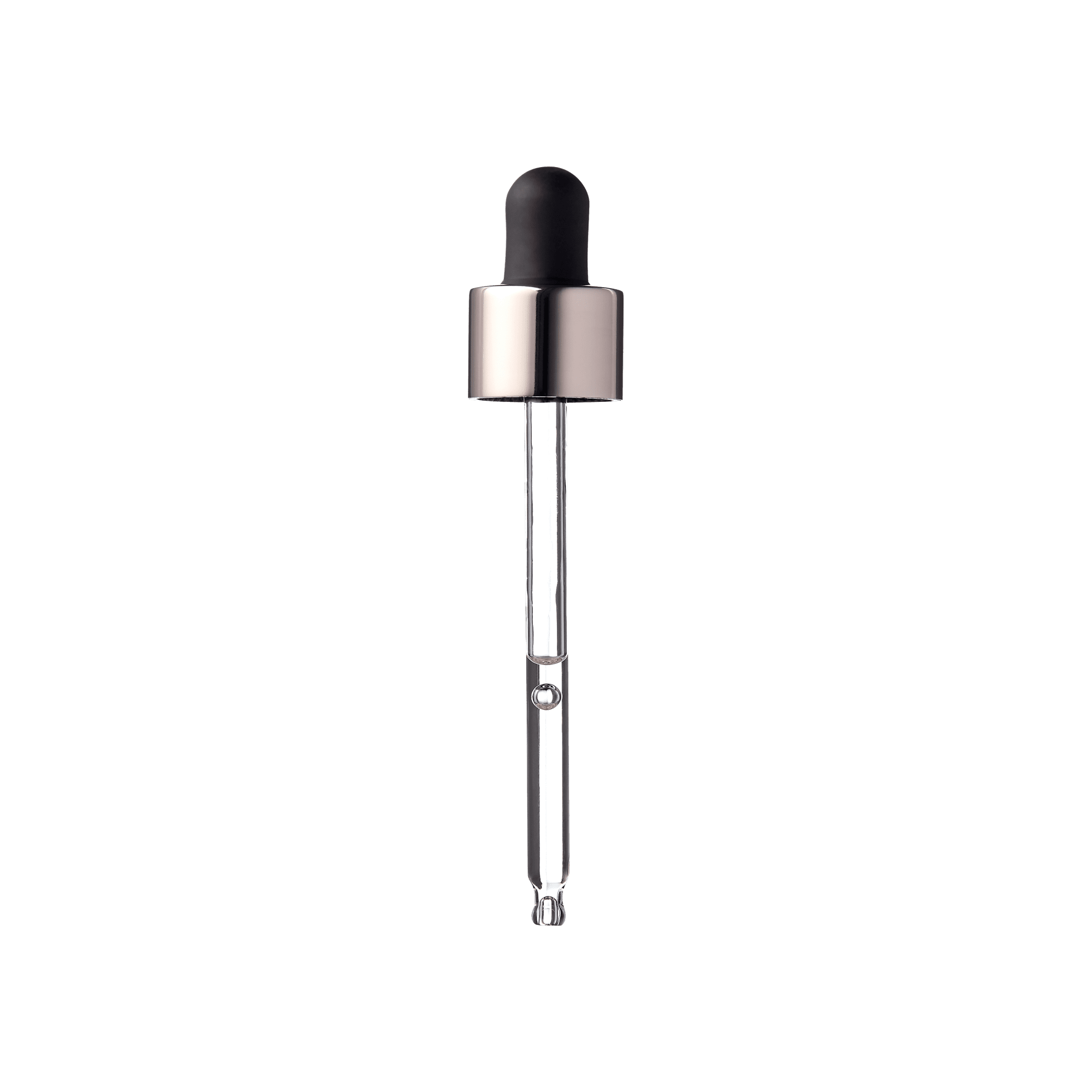 Clear glass dropper with metallic silver collar and black rubber bulb, shown against a white background. No on-image text.
