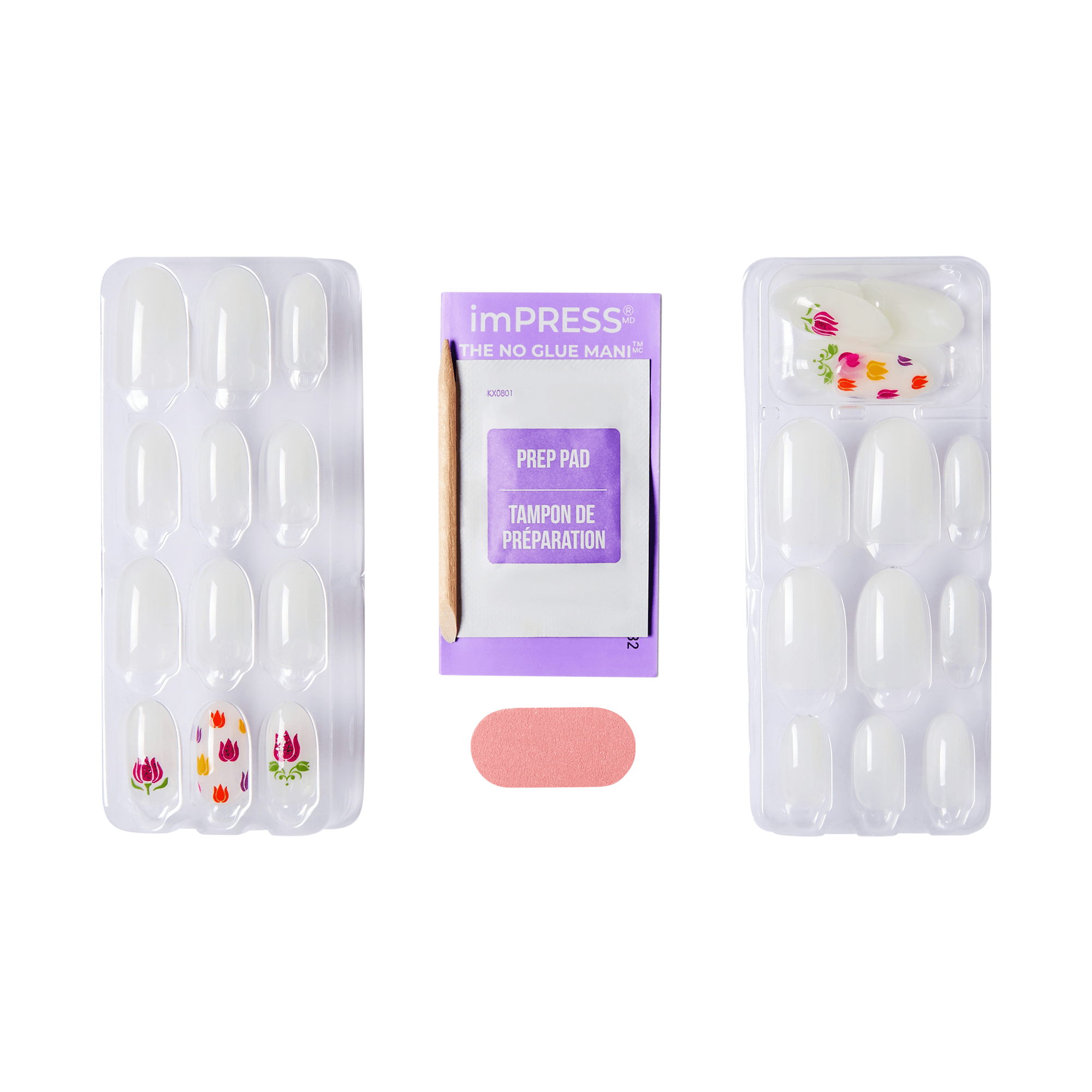 The image features a nail art kit. On the left, there is a tray of false nails adorned with colorful floral designs, specifically tulips. In the center, there is a purple package labeled "imPRESS THE NO GLUE MANI," which contains a prep pad for nail preparation. On the right, there is another tray of plain white false nails. The overall presentation suggests a DIY manicure set that allows for easy application without the need for glue.