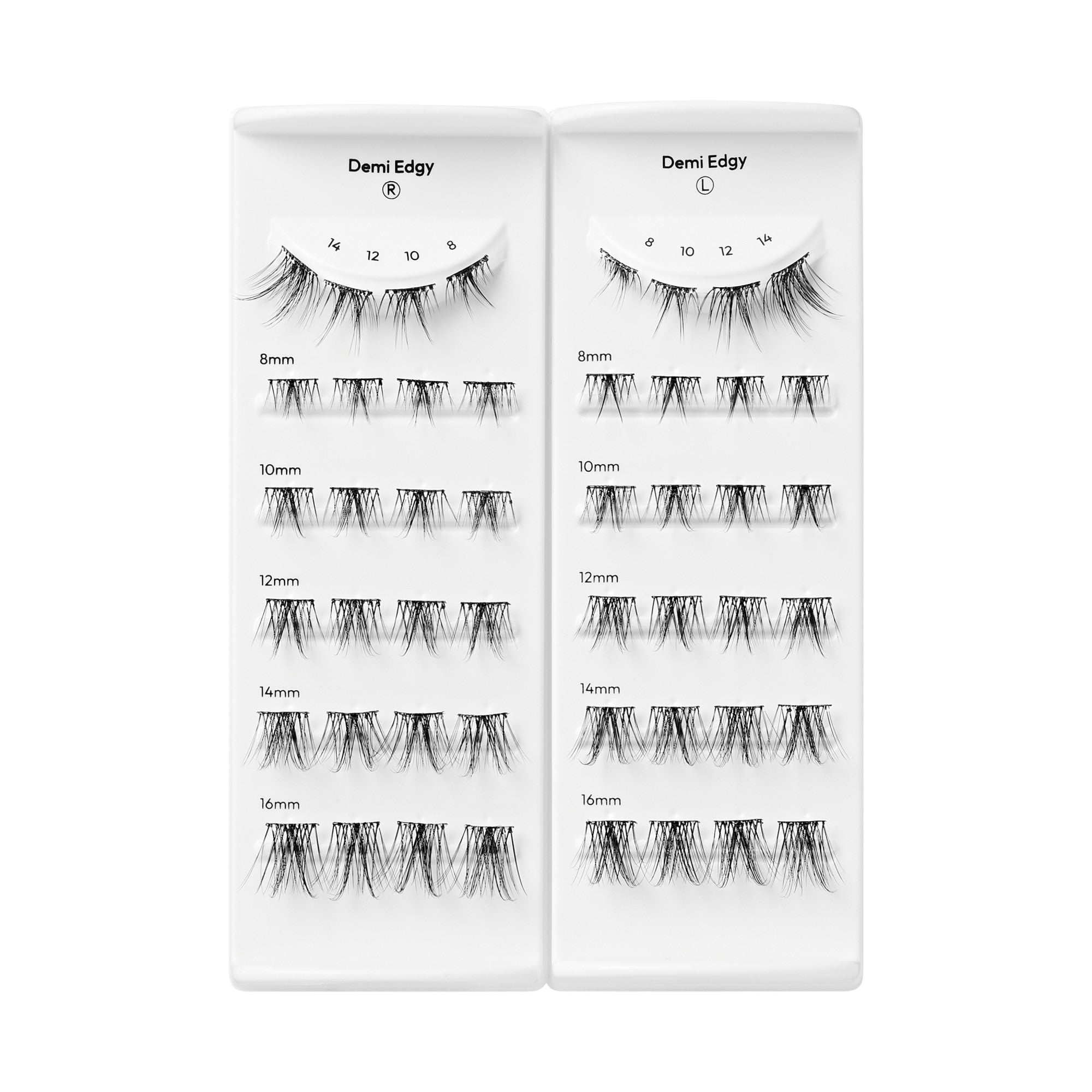 Demi Edgy false eyelash collection showing 8mm to 16mm lash lengths in individual segments.