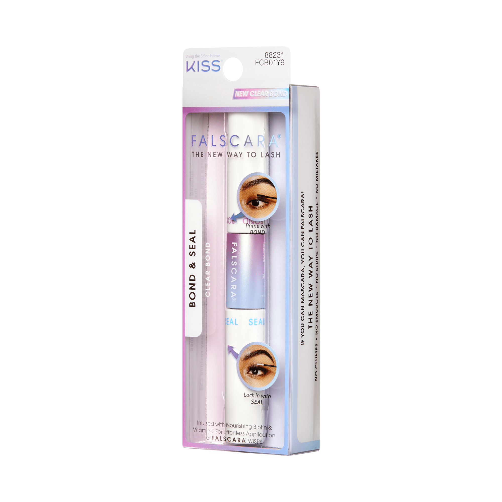 FALSCARA Bond & Seal clear lash adhesive in pink and white tube packaging, labeled \