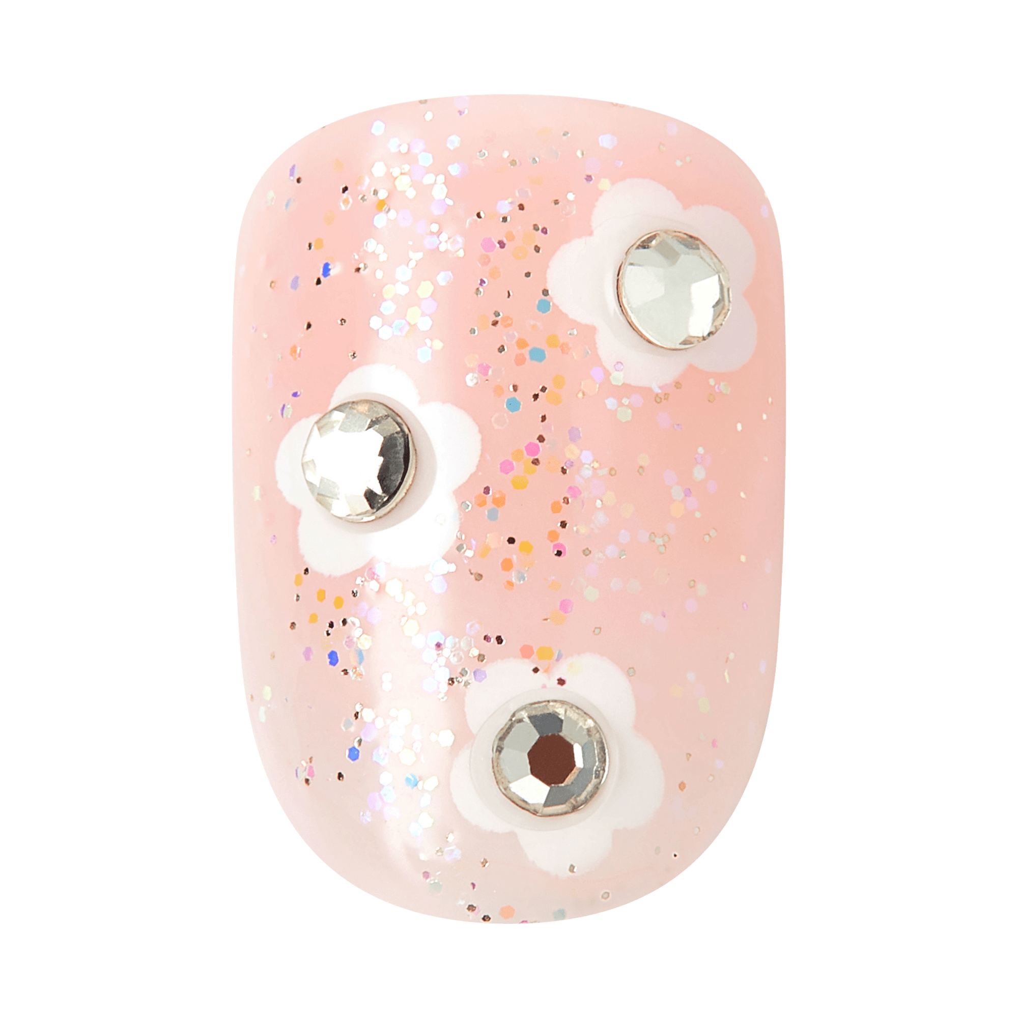 Pink nail polish with white flower studs and multicolor glitter accents