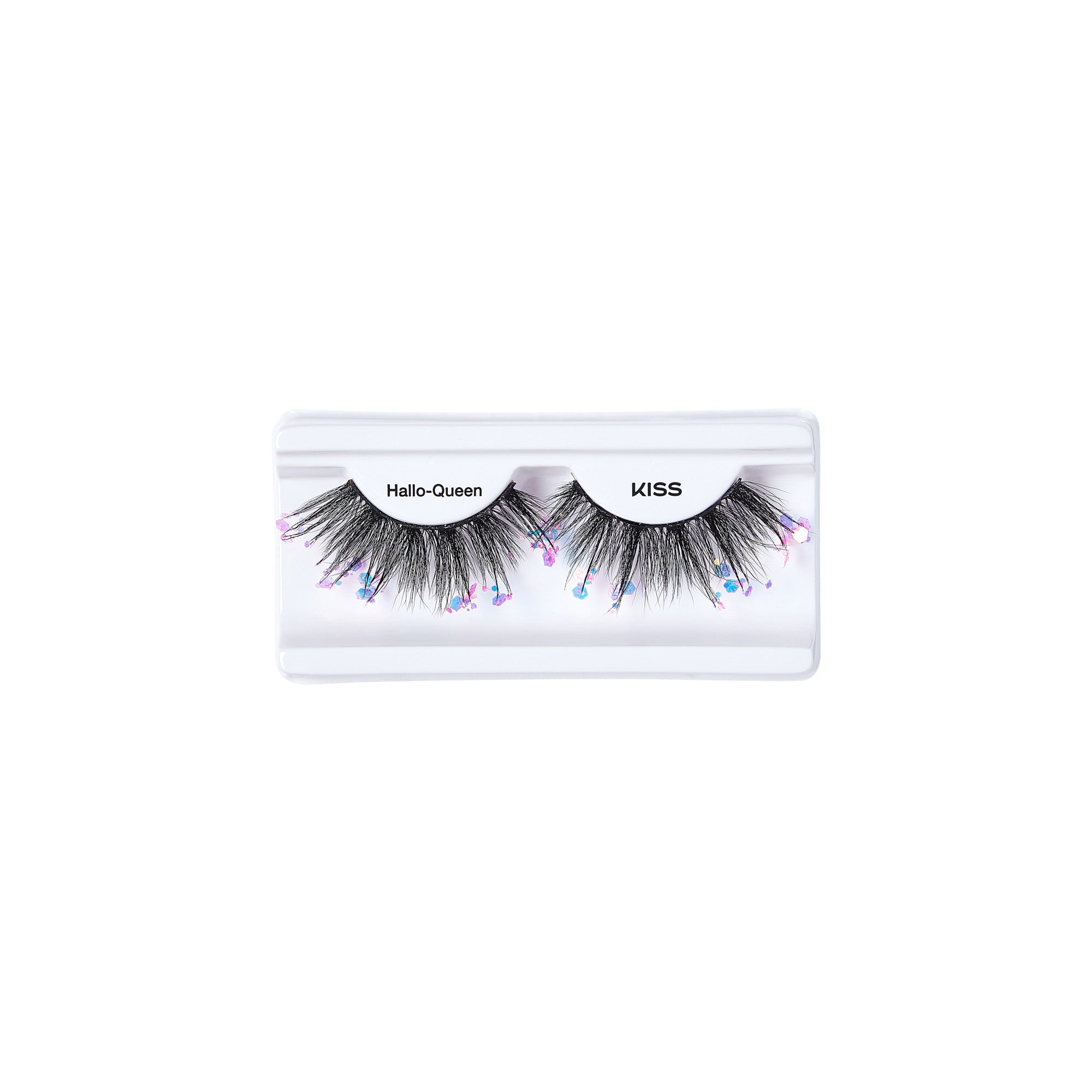 The image shows a pair of false eyelashes in a clear plastic case. The eyelashes are labeled "Hallo-Queen" and are from the brand "KISS." The lashes are black and have colorful, iridescent accents at the tips, giving them a festive and eye-catching appearance. The packaging is simple and transparent, allowing the design of the eyelashes to be clearly visible.