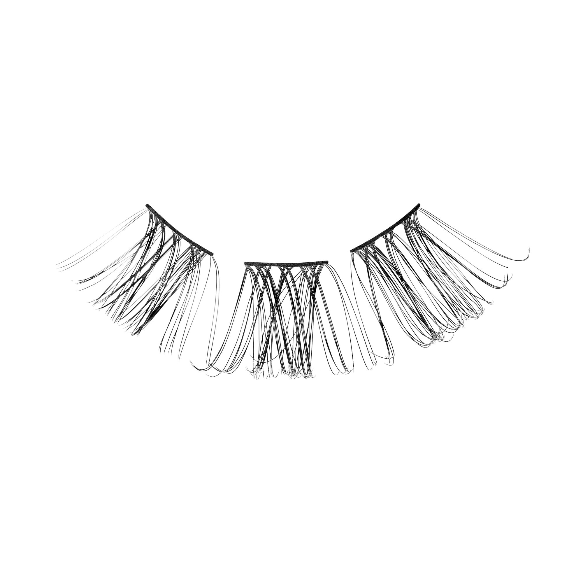 The image shows a set of false eyelashes. These eyelashes are segmented into three separate pieces, each designed to be applied to different sections of the eyelid for a more customized fit. The lashes are black and appear to be made of synthetic fibers, with a natural, wispy design that mimics the look of real eyelashes. The segments are arranged in a slight curve, which would follow the natural contour of the eye when applied.