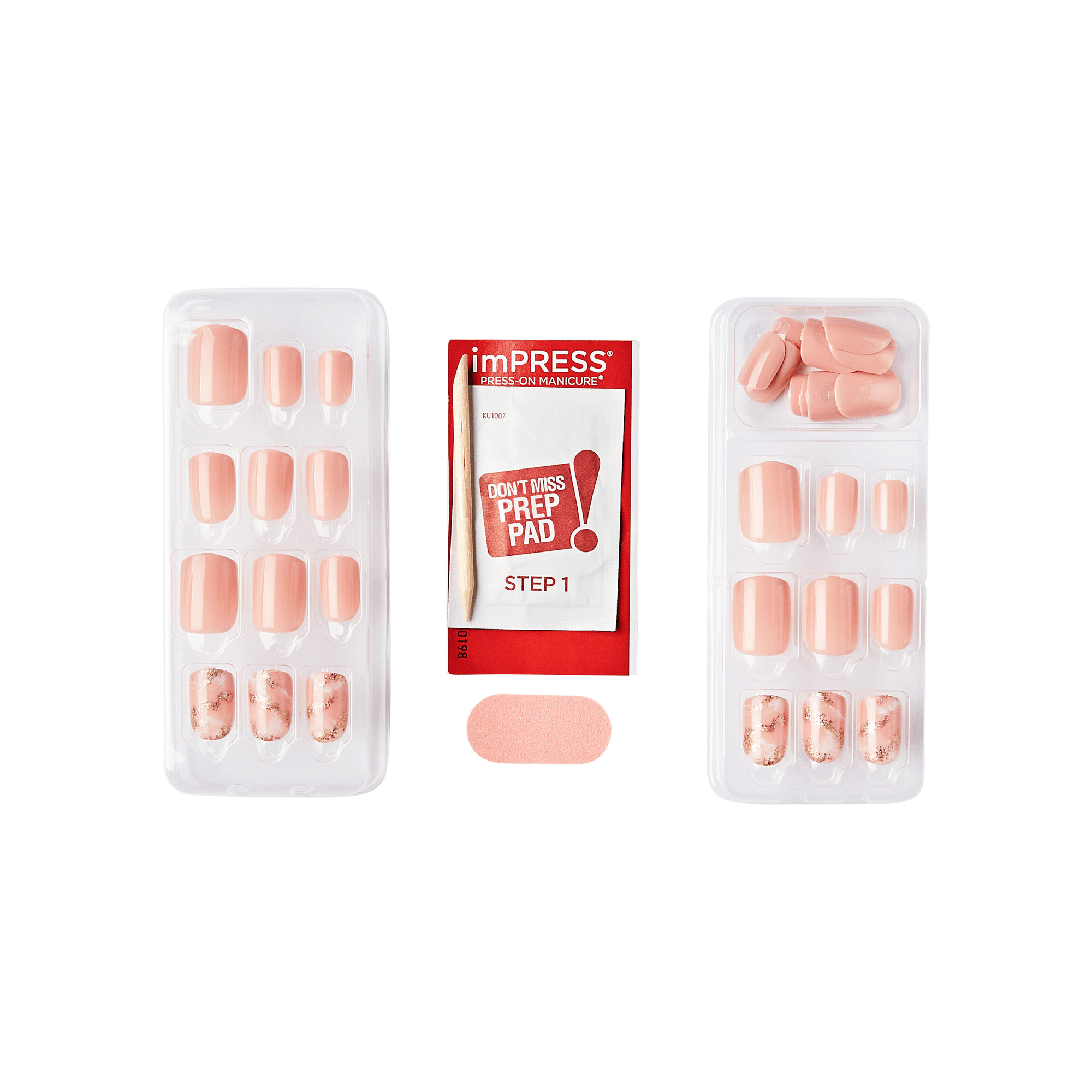 Two trays of peach-colored press-on nails with some featuring a delicate rose gold foil design, a red packet labeled \