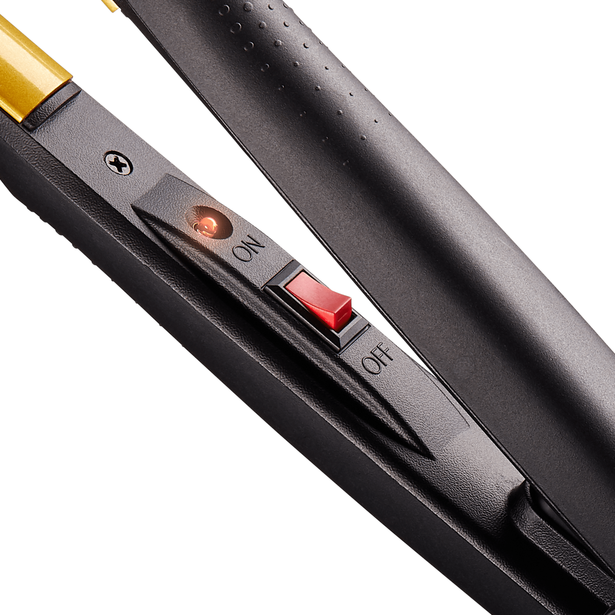 Close-up view of the KISS Tourmaline Ceramic Flat Iron with a black matte finish and gold accents, showing a red on/off switch with a glowing indicator light.