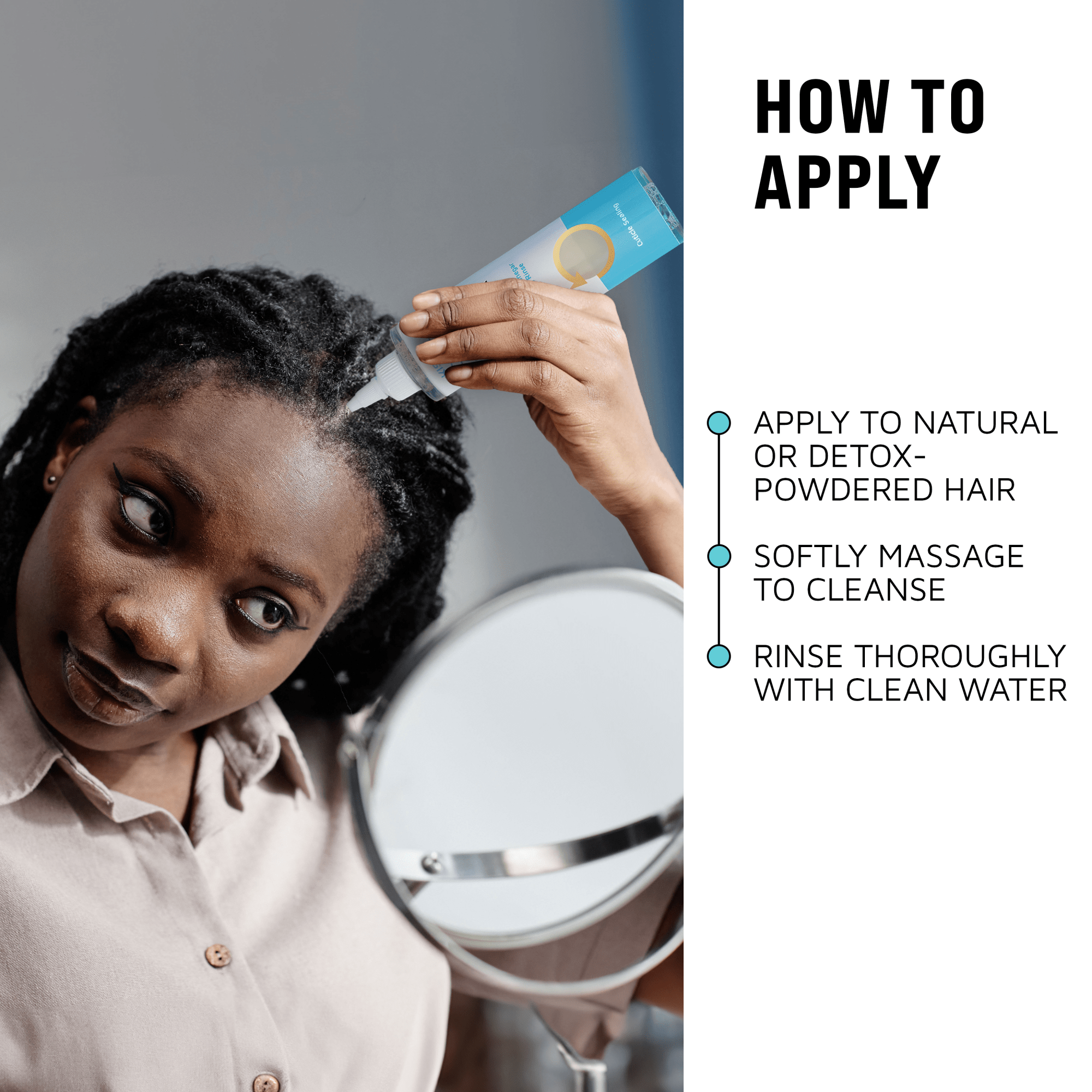 Woman applying a product to her hair with text on how to apply it.