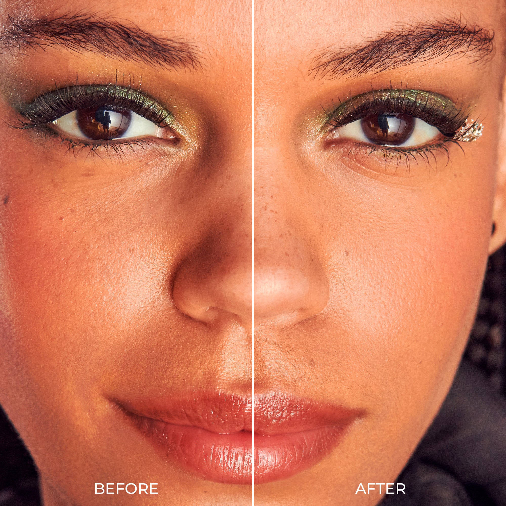 Before and after skincare comparison showing reduced redness and improved complexion.