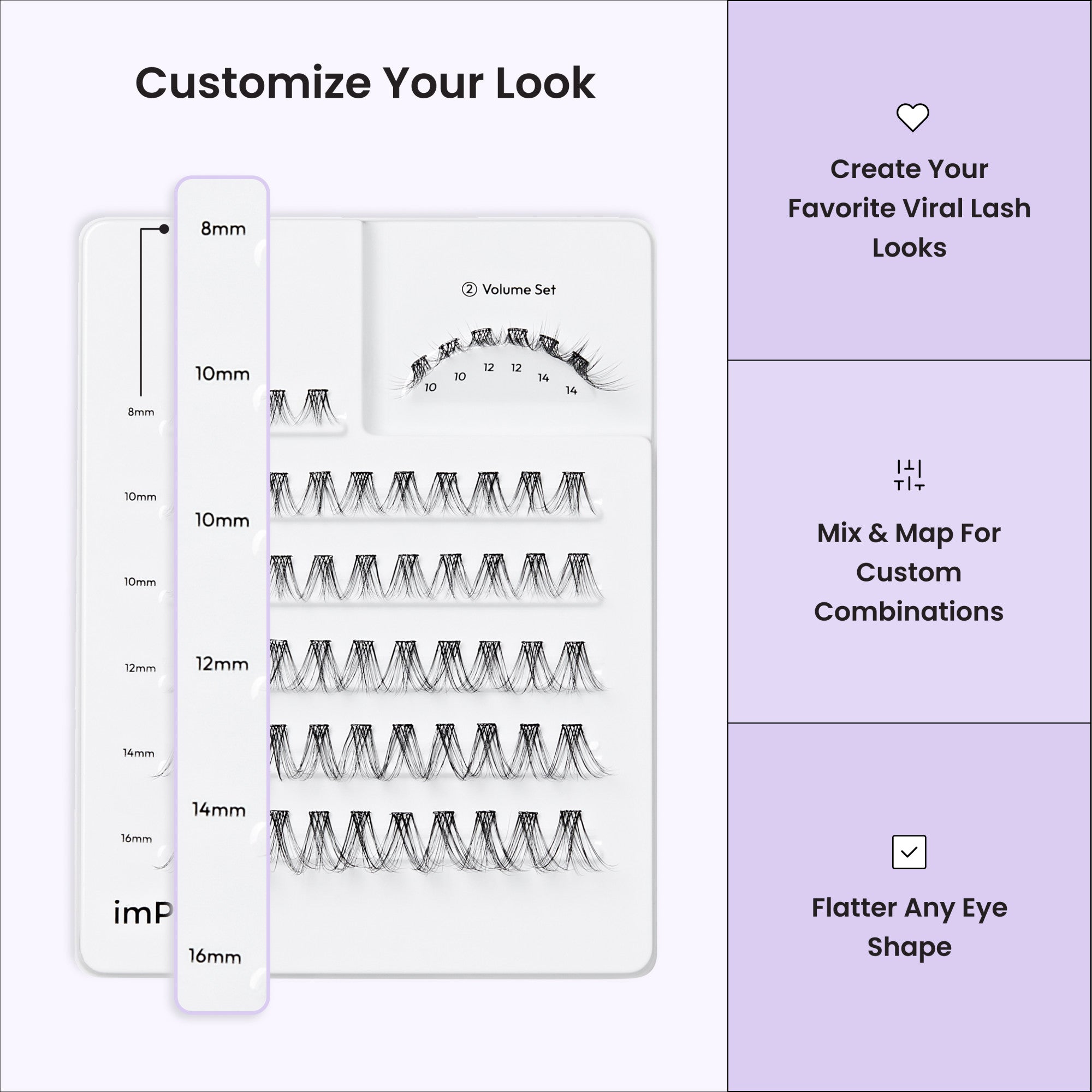 Customizable false lash set showing length options (8mm-16mm) and volume varieties for custom combinations.