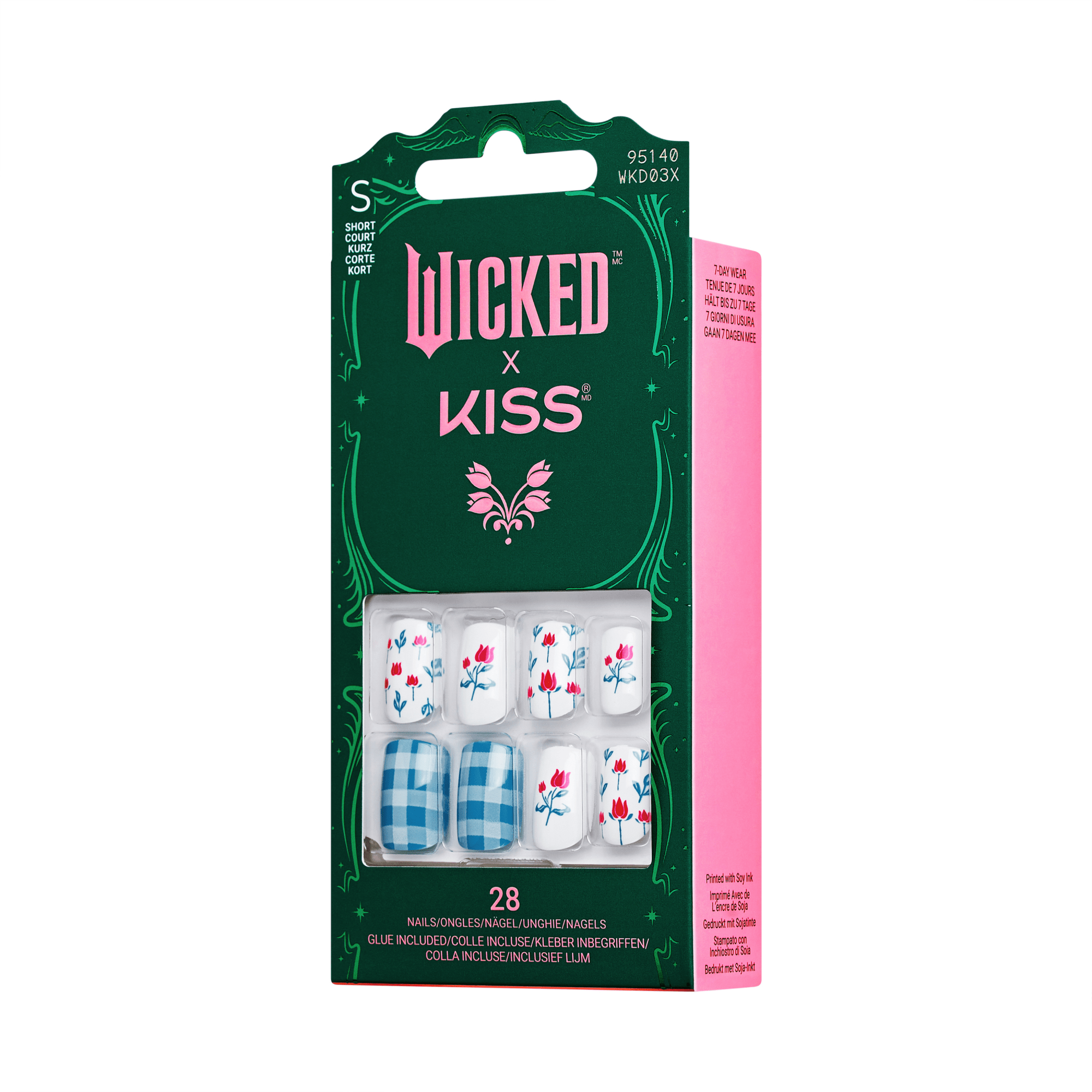 Dark green and pink packaging for WICKED X KISS Marvelous Munchkinland short nails, featuring floral and blue gingham nail designs, with glue included.