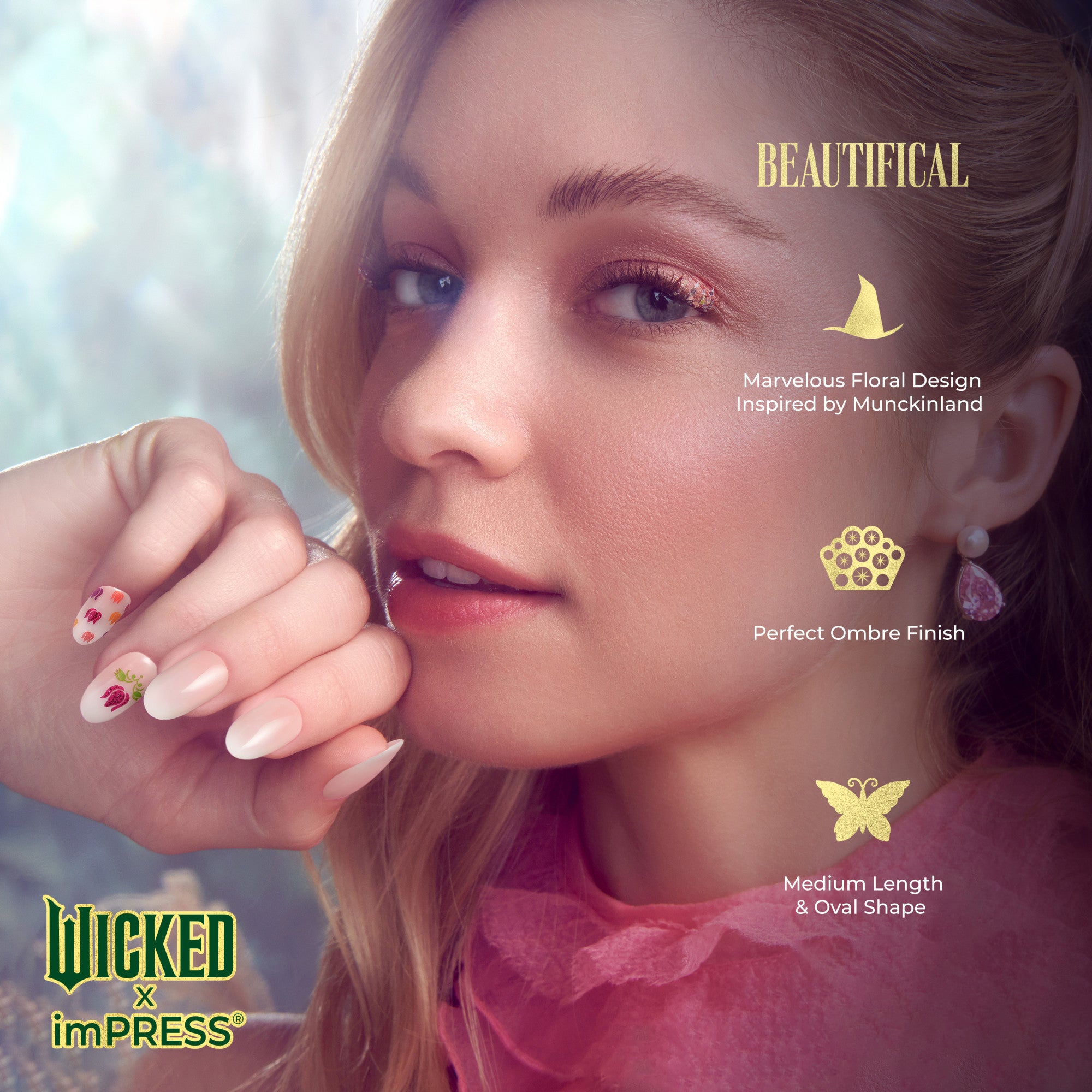 Close-up of a woman showing medium-length oval nails with a pink ombre finish and floral design, wearing a pink ruffled top and pink gemstone earrings. Text highlights a floral design inspired by Munckinland, perfect ombre finish, and medium length with oval shape.