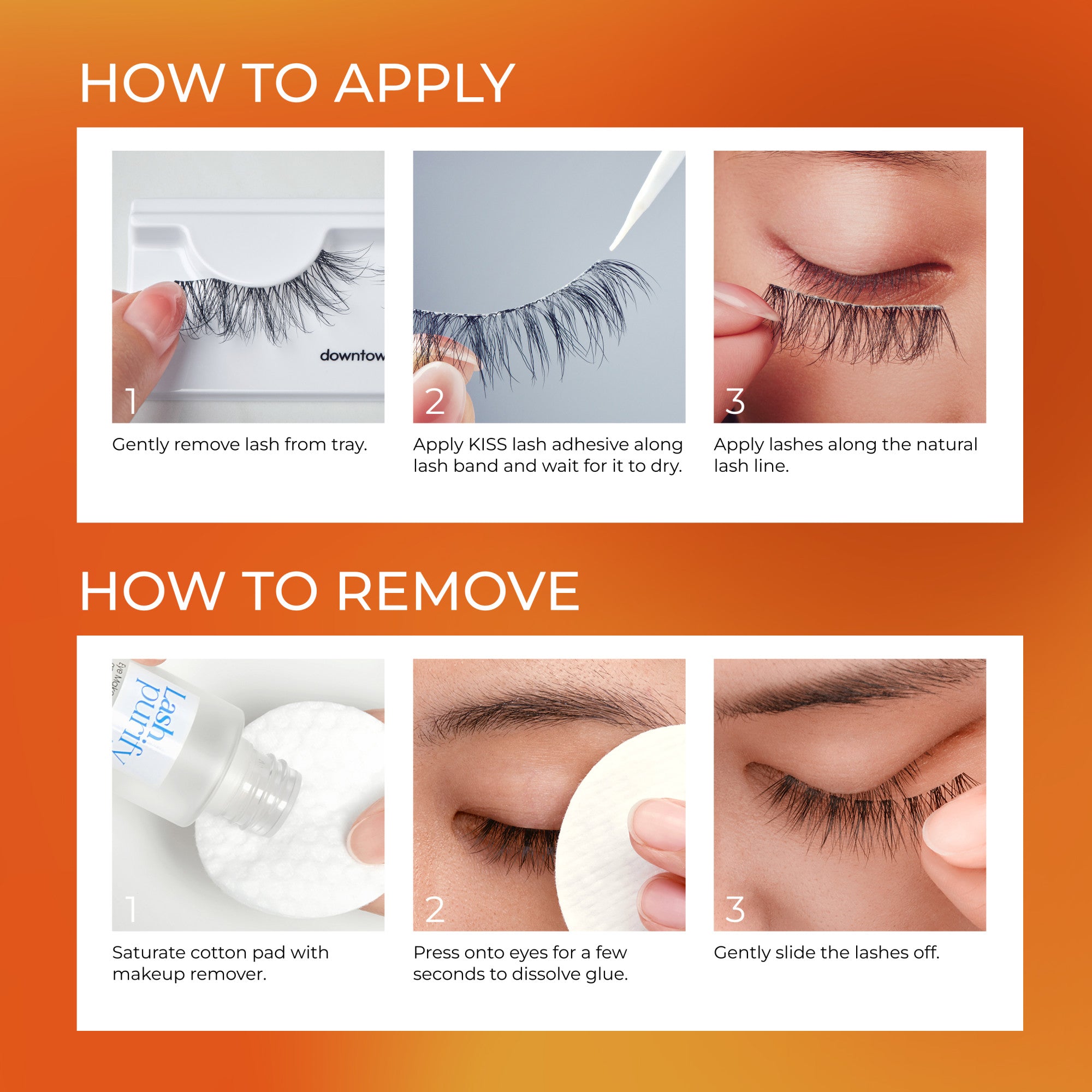 Step-by-step visual guide for applying and removing KISS My Lash But Bolder 3D Volume Eyelashes with images showing lash removal, adhesive application, lash placement, makeup remover on cotton pad, dissolving glue, and sliding lashes off.