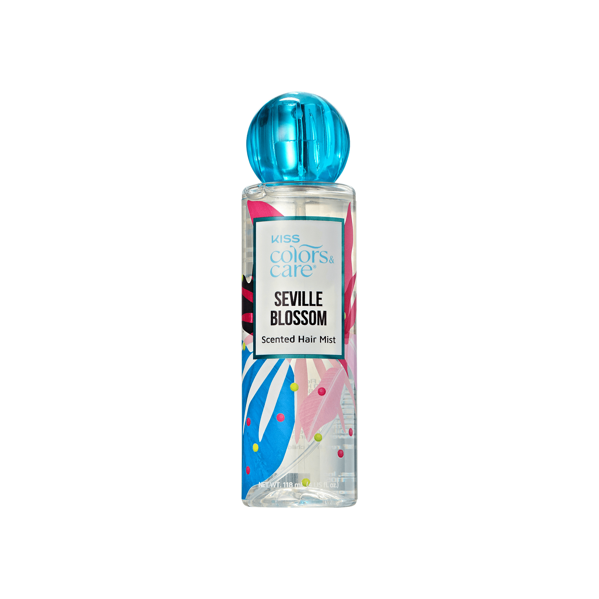 Clear plastic bottle with a blue spherical cap, decorated with colorful abstract leaves, labeled "KISS Colors & Care Seville Blossom Scented Hair Mist."
