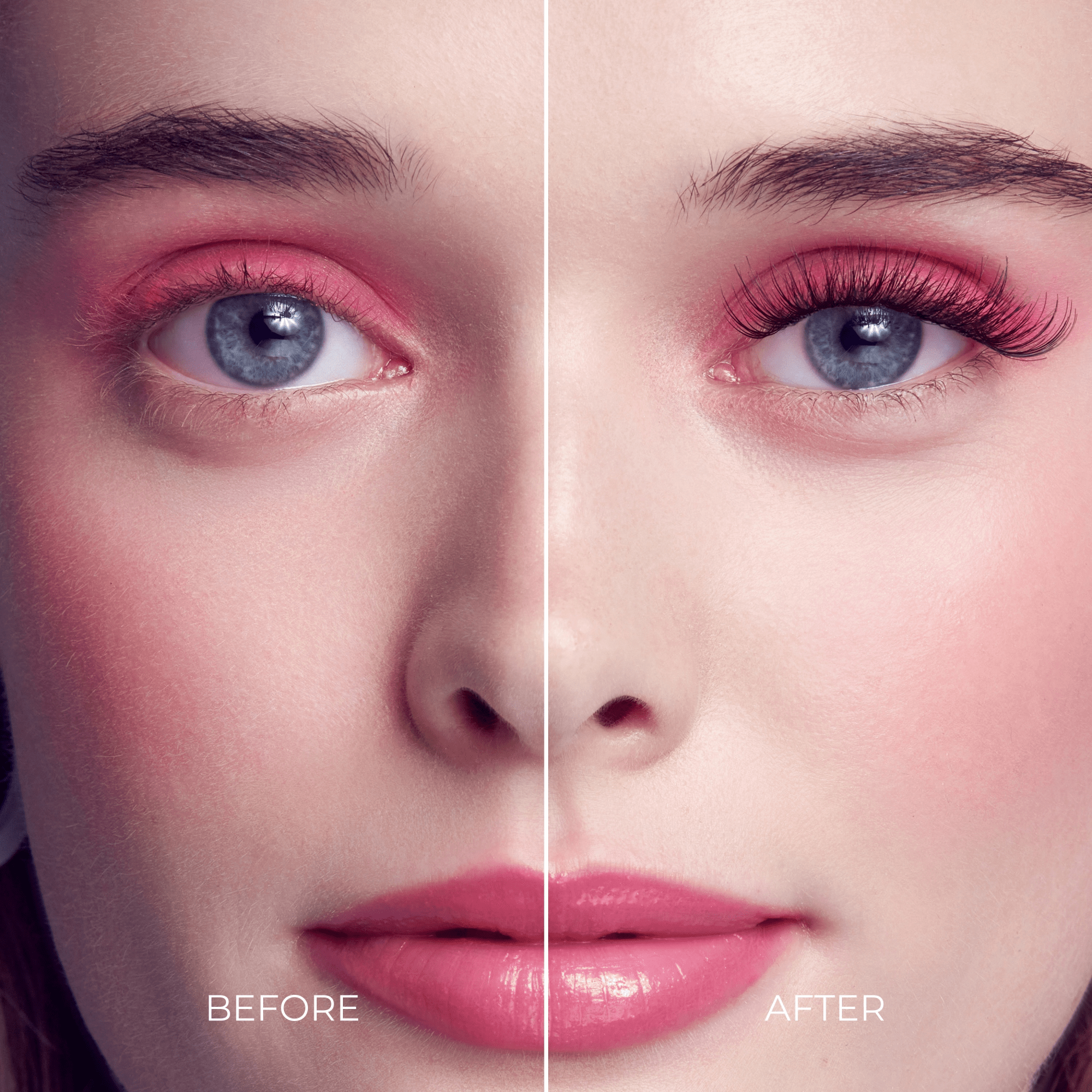 Before and after beauty makeup comparison showing eye and lip enhancement.