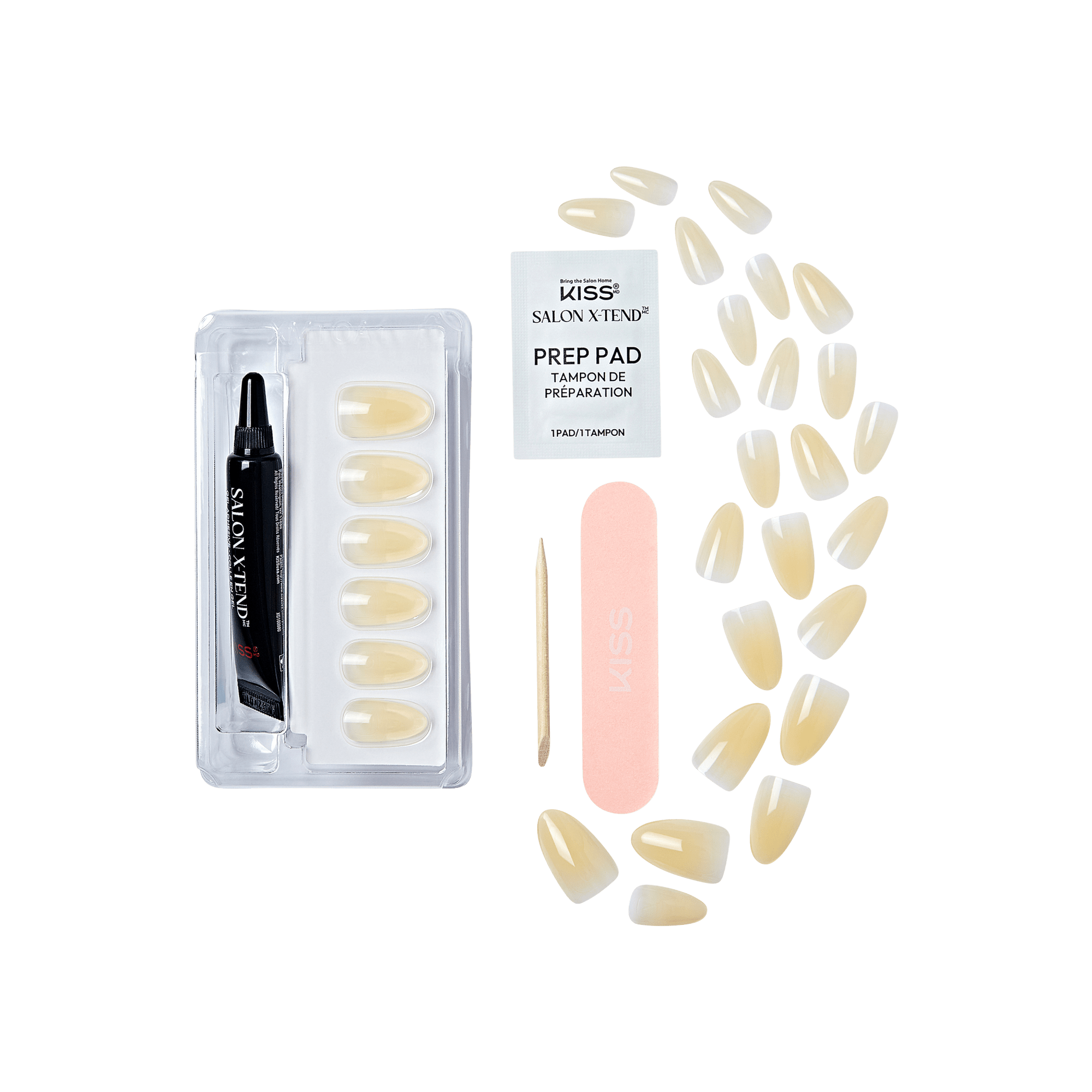 KISS Salon X-tend Color press-on gel nails in a soft nude shade, including glue, nail file, wooden cuticle stick, prep pad, and various nail sizes.