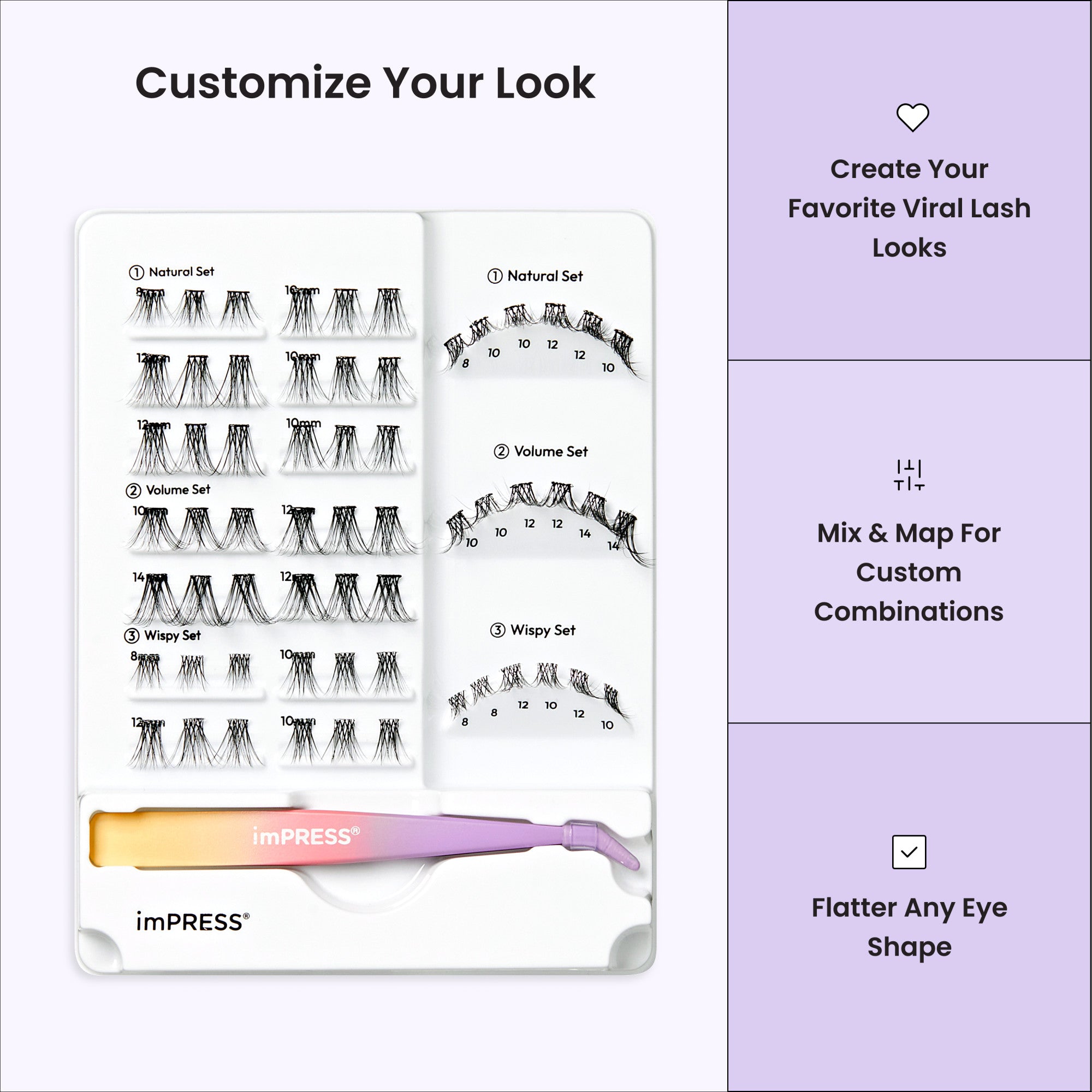 imPRESS lash customization guide showing Natural, Volume, and Wispy sets with application tool.