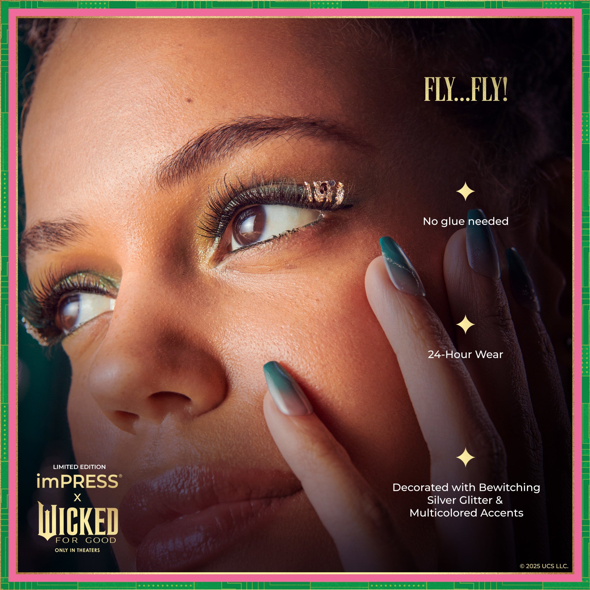 imPRESS x Wicked press-on nails with silver glitter and multicolored accents, 24-hour wear, no glue needed.