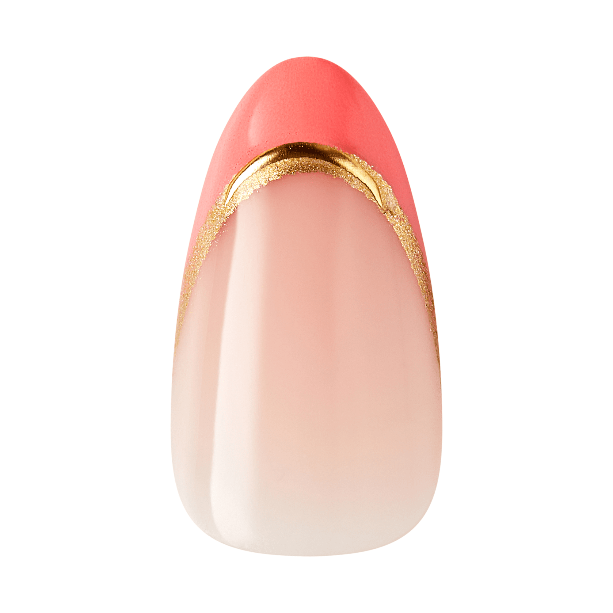 Nail tip with glossy, soft pink base, coral-colored rounded tip, and a curved metallic gold line accented with fine gold glitter.