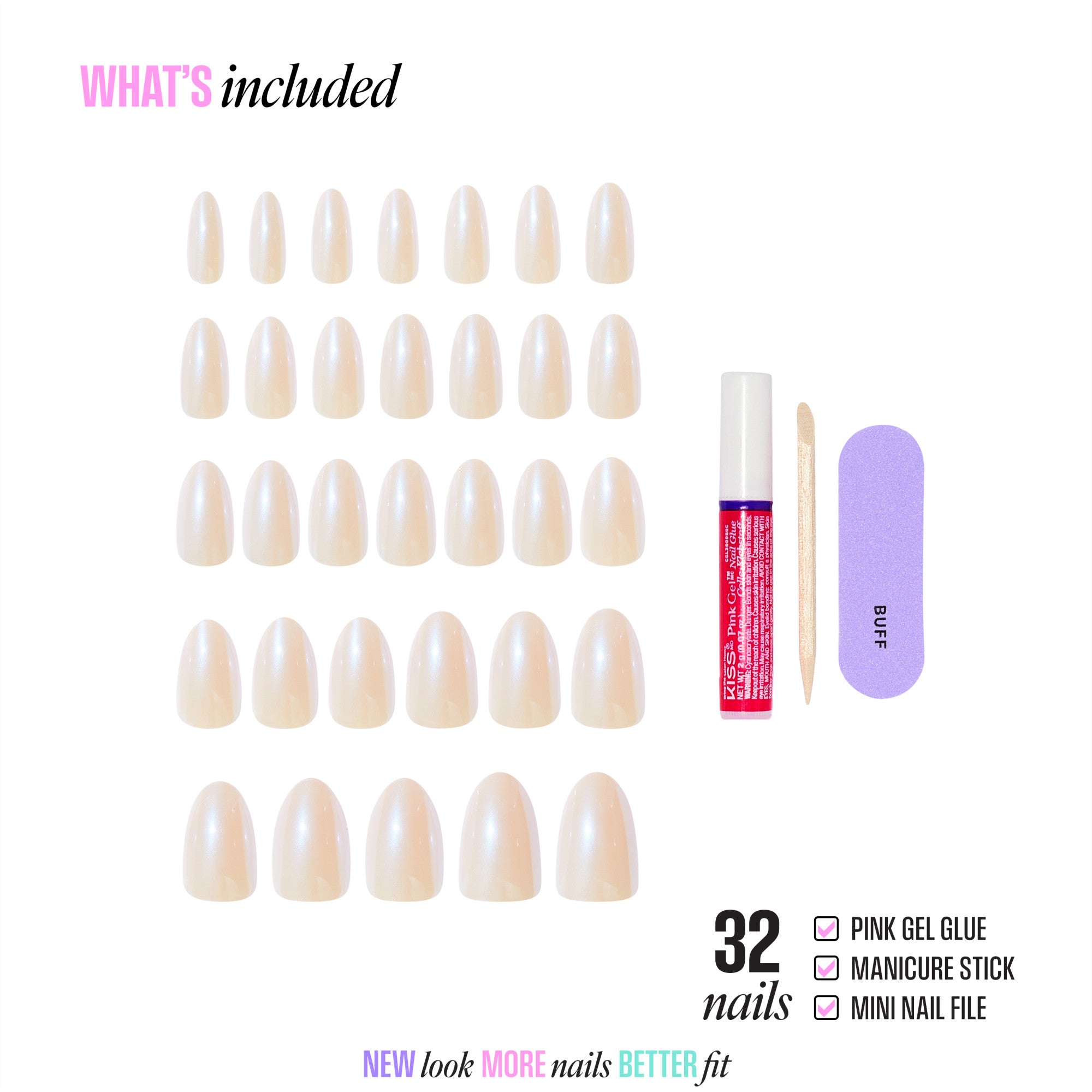32 press-on nails in nude with pink gel glue, manicure stick, and mini nail file included.