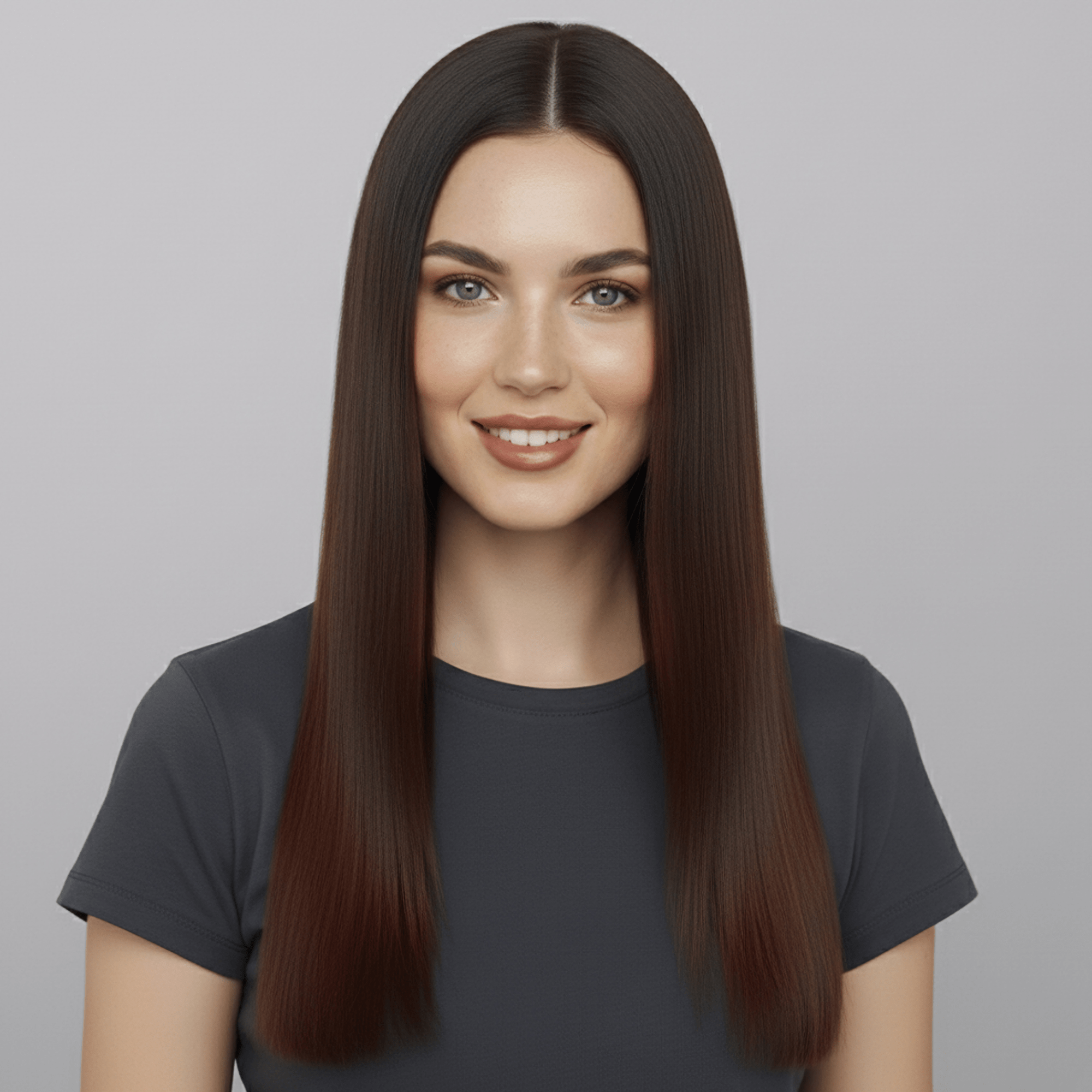 Woman with long, smooth, straight dark brown hair parted in the middle wearing a dark gray t-shirt, showcasing hair styled with a flat iron.