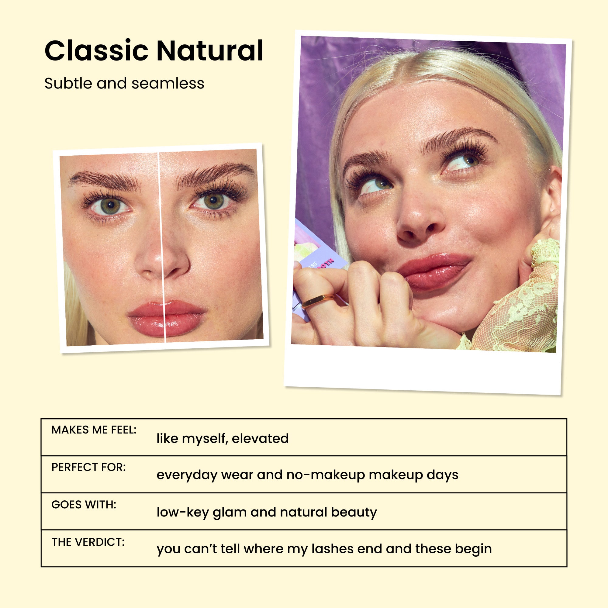 Classic Natural lashes product comparison showing before/after with natural makeup look examples.