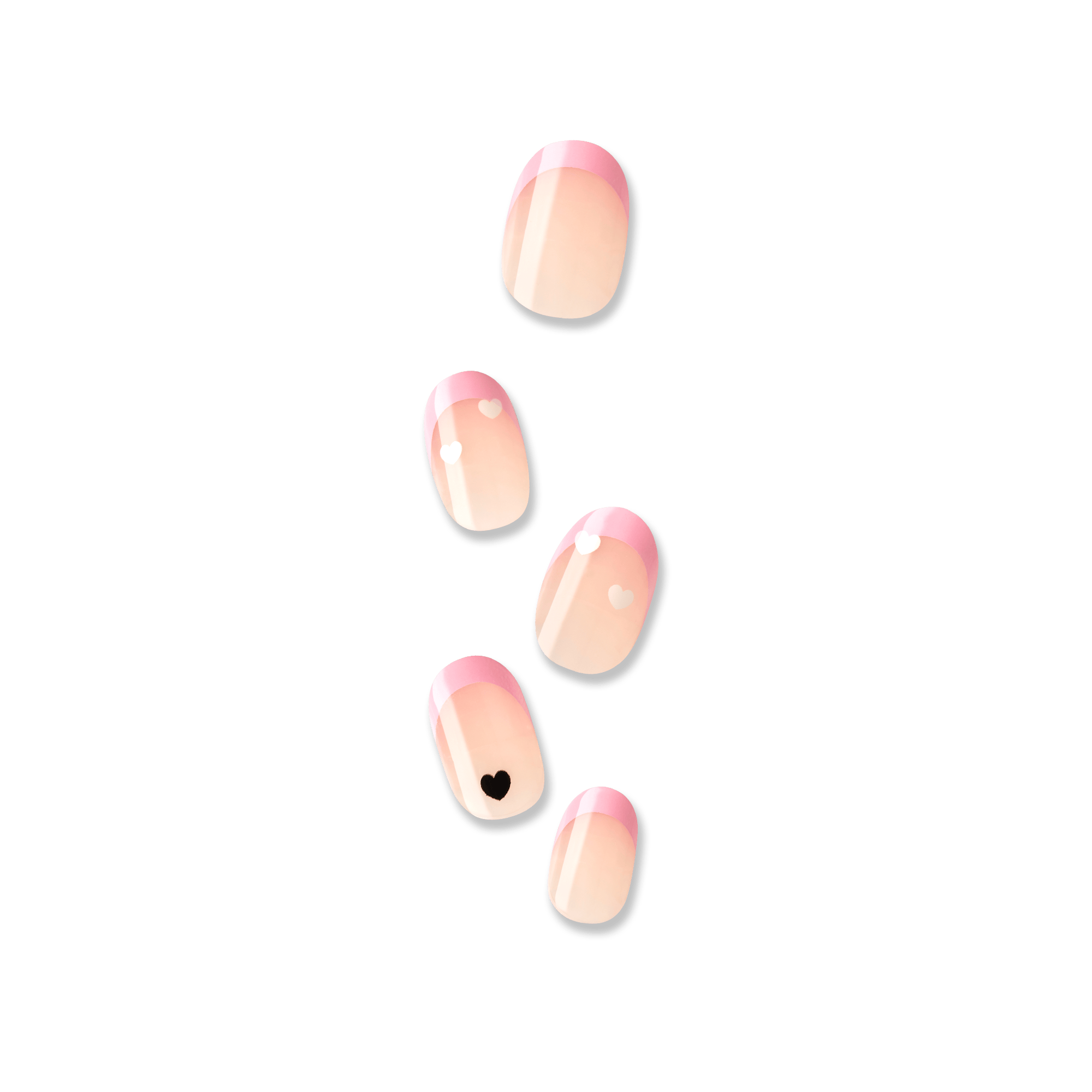 Set of five press-on nails with a soft pink French tip design, featuring small heart details in white and black on two nails.