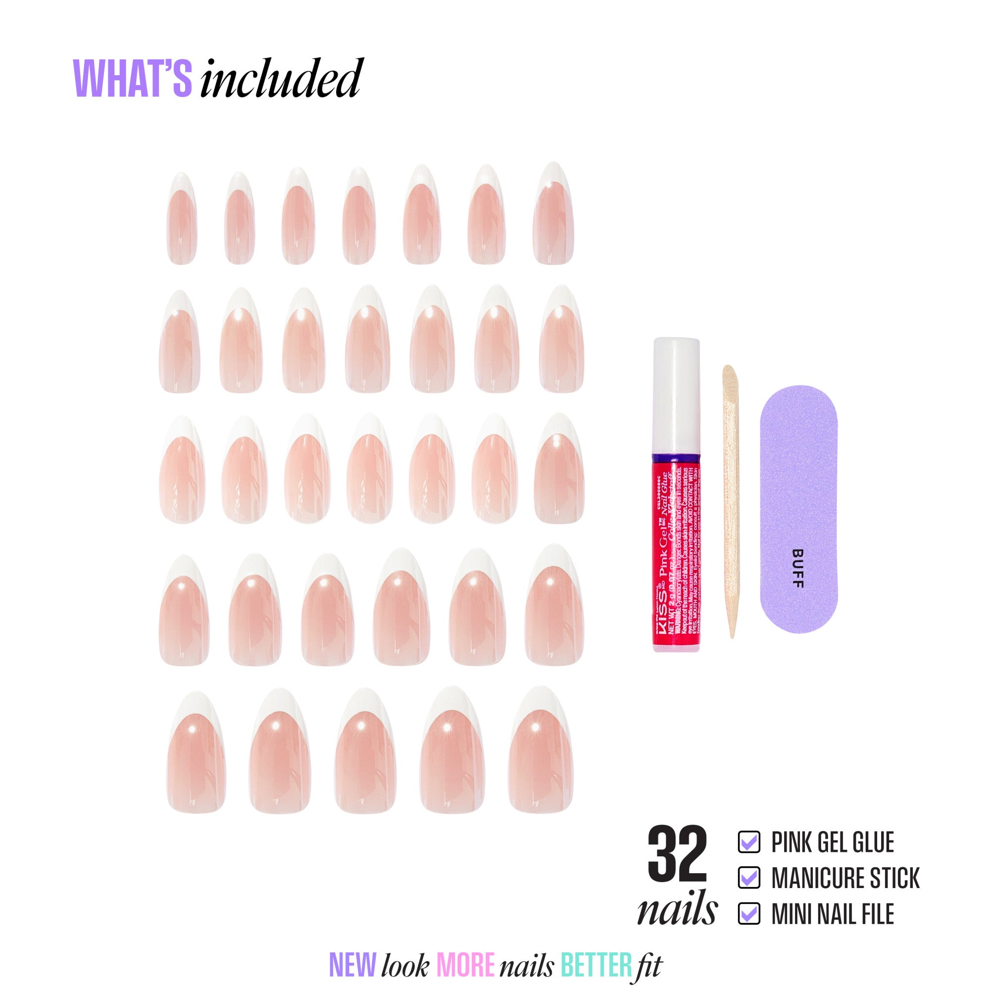 32-piece gel press-on nail kit with glue, manicure stick, and file included.