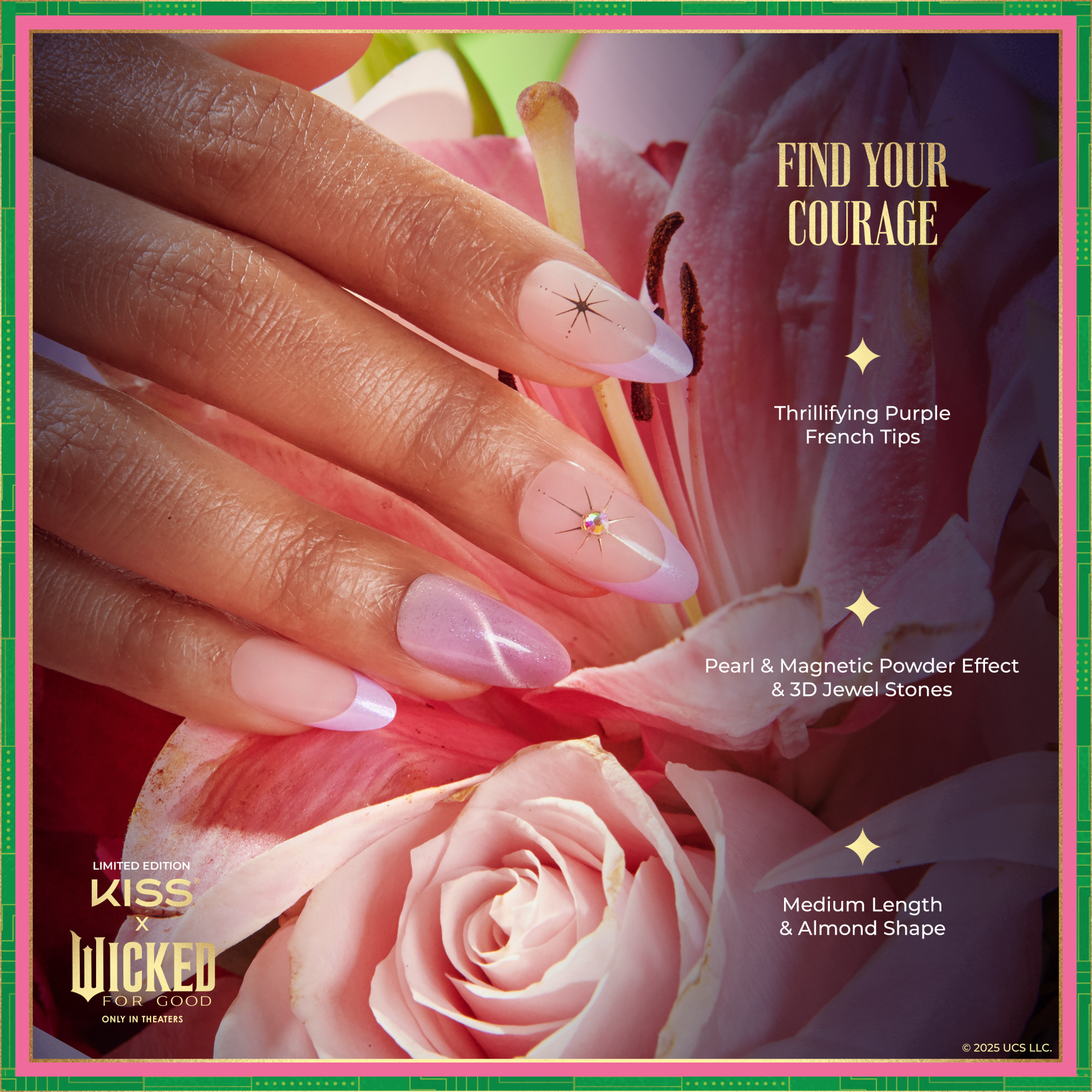 Hand with medium-length, almond-shaped nails featuring pink base, purple French tips, magnetic pearl powder effect, star designs, and jewel stones, resting on a pink rose.