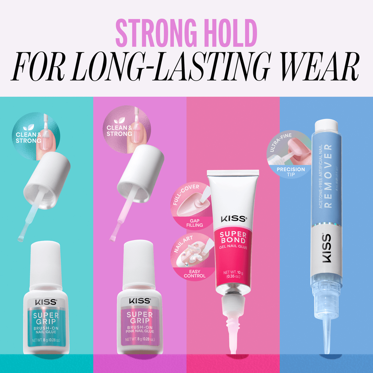 Kiss SuperGrip Brush-On Pink Nail Glue | Nail Adhesive, Press-On Glue, Vitamin E Infused, Long-Lasting Wear, Clean & Strong, Pink Tint, 0.28 oz.