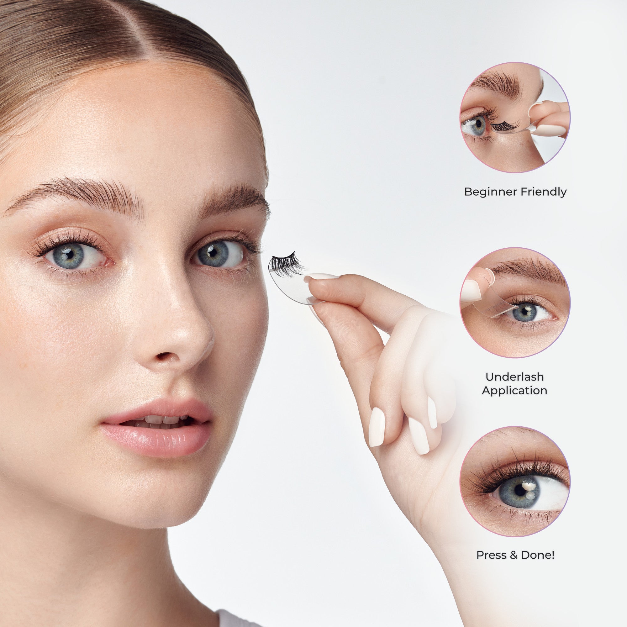 Close-up of a woman with clear skin holding a curved black false eyelash on a clear adhesive tab near her right eye, with three circular insets showing application steps: \