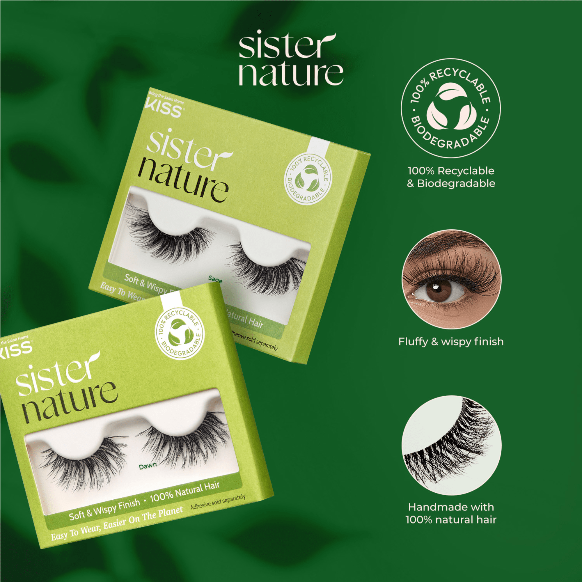 Two green Sister Nature eyelash boxes labeled \