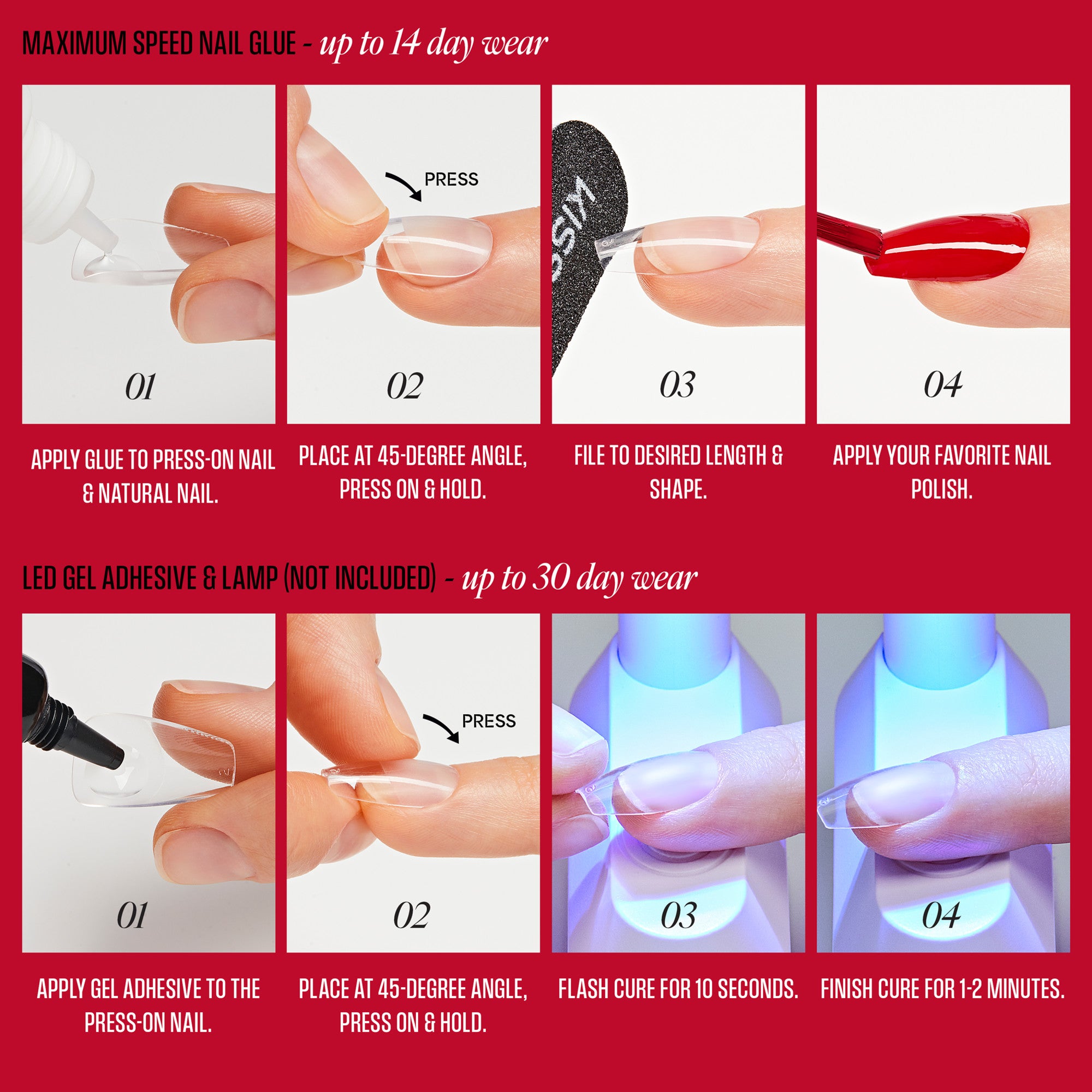 Maximum Speed Nail Glue & LED Gel Adhesive application instructions, up to 14-30 day wear.